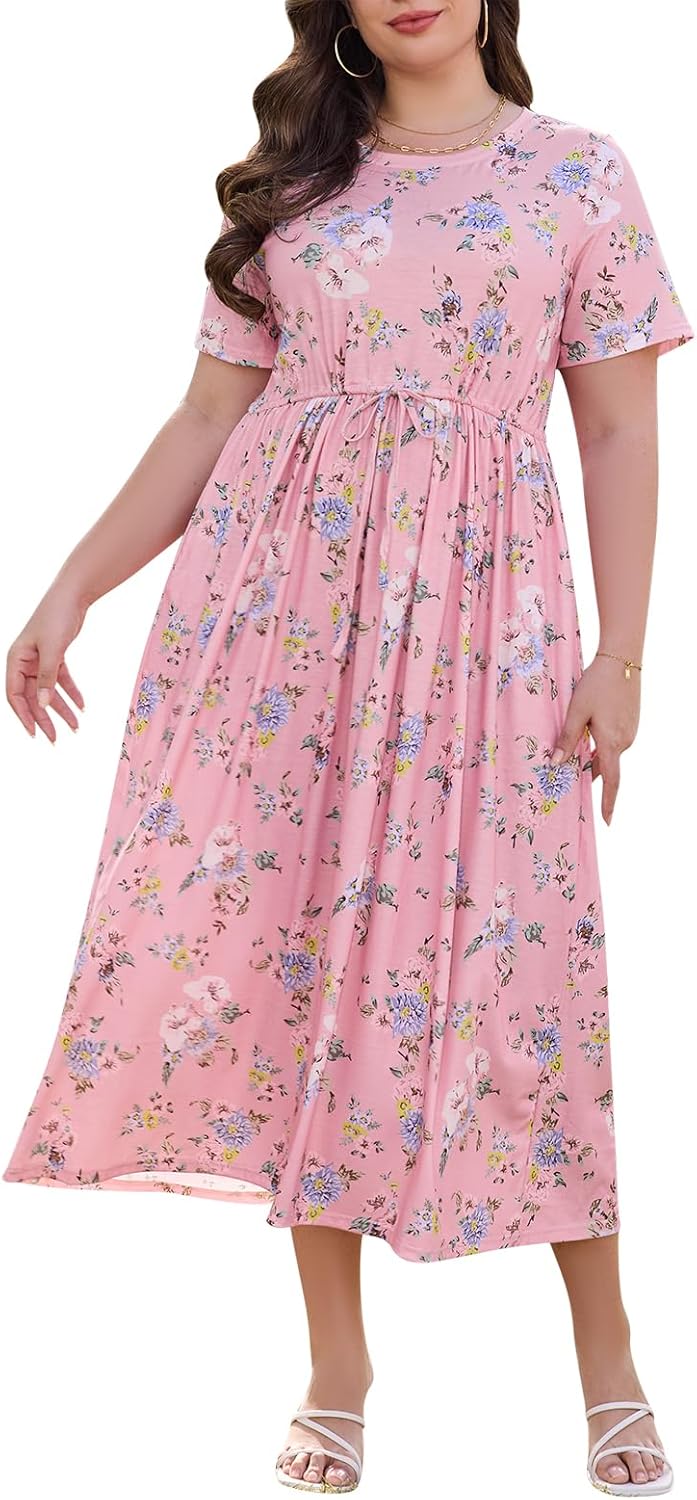 Keluummi Plus Size Summer Maxi Dress for Curvy Women, Casual Wedding Guest 3/4 Sleeve Long A Line Sundress with Pockets