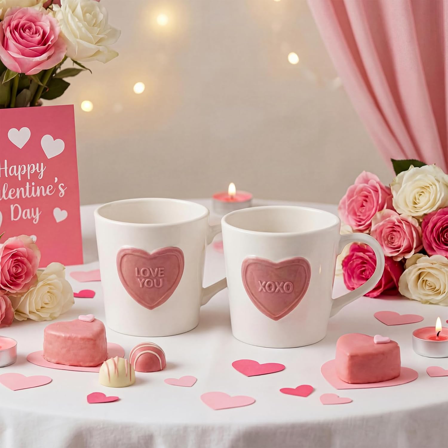 Didaey 2 Pack 14 oz Heart Mug Valentines Gift with 3D Heart “xoxo” “love You” Ceramic Mugs Cute Coffee Mug for Women Tea Cup for Loved Ones, Birthday, Holiday, Christmas, Valentine's Gift