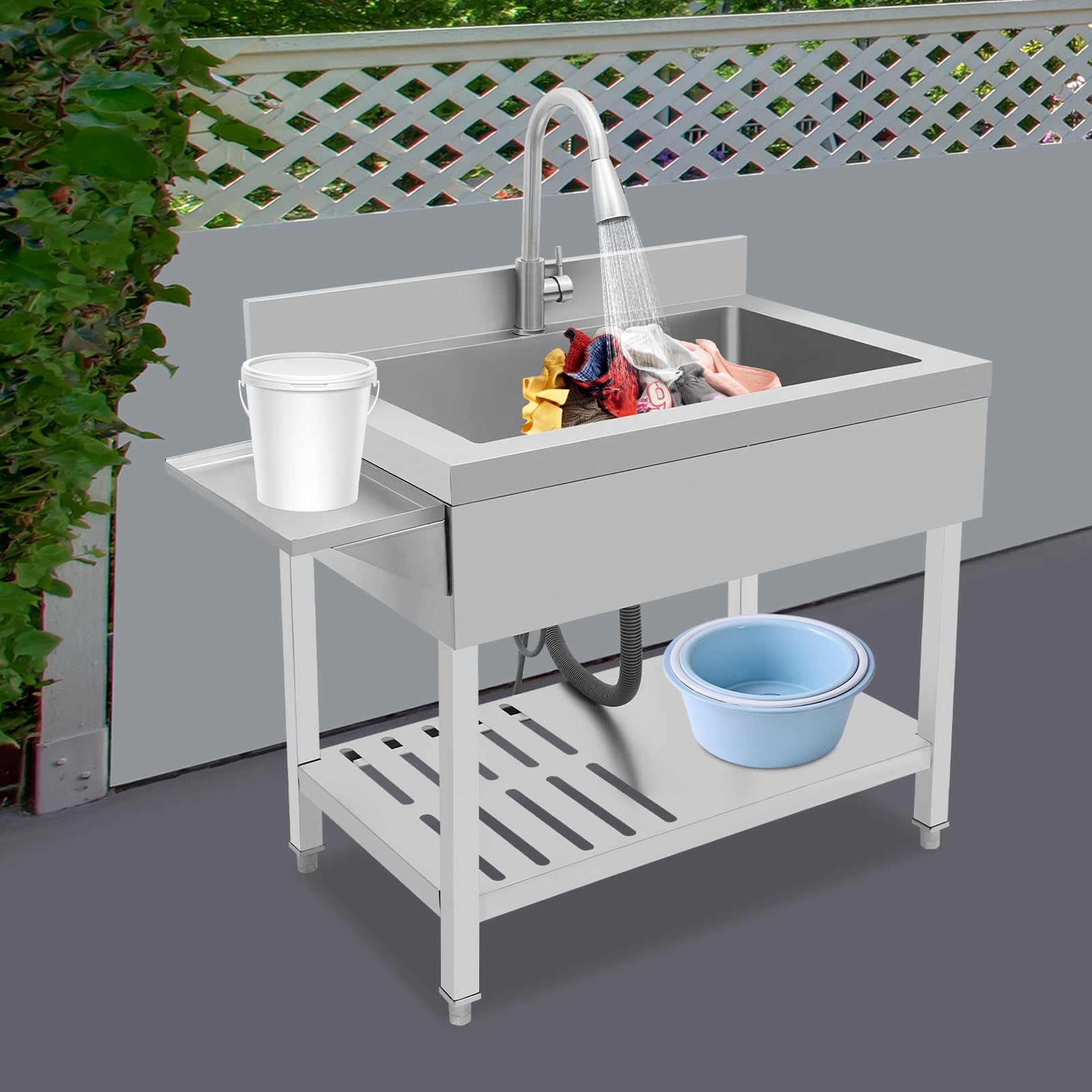 Évier de cuisine en acier inoxydable - 1 bac - Multifonction - Avec robinet extensible - Lavabo autoportant pour garage, atelier, buanderie, camping - 89,92 x 56,9 x 93,98 cm