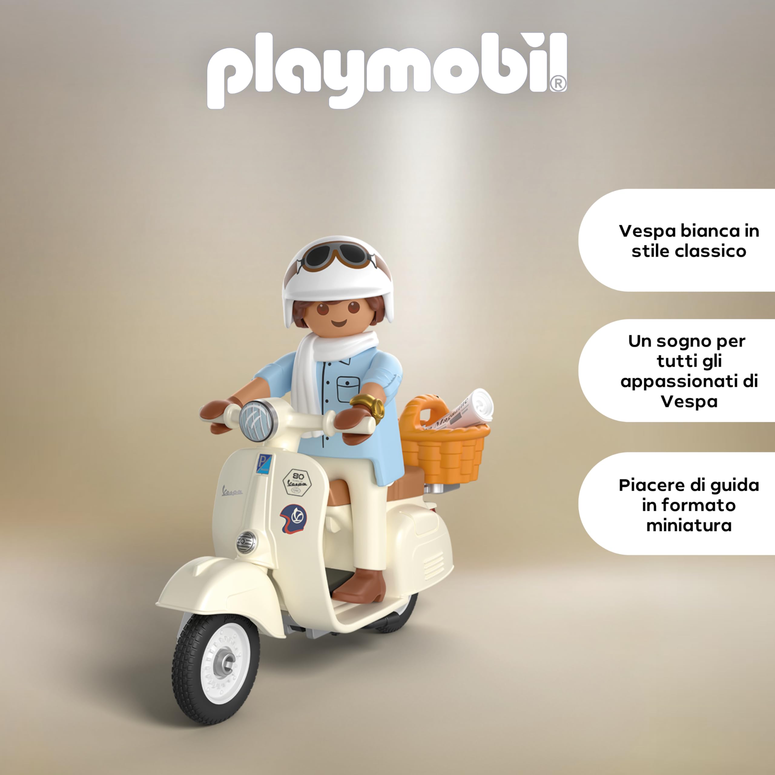 PLAYMOBIL | Veicoli | 80 anni di Vespa: stile classico | Vespa anniversario color crema con personaggio, cestino e foglio di adesivi | Giocattolo per bambini dai 5 anni in su | 72283