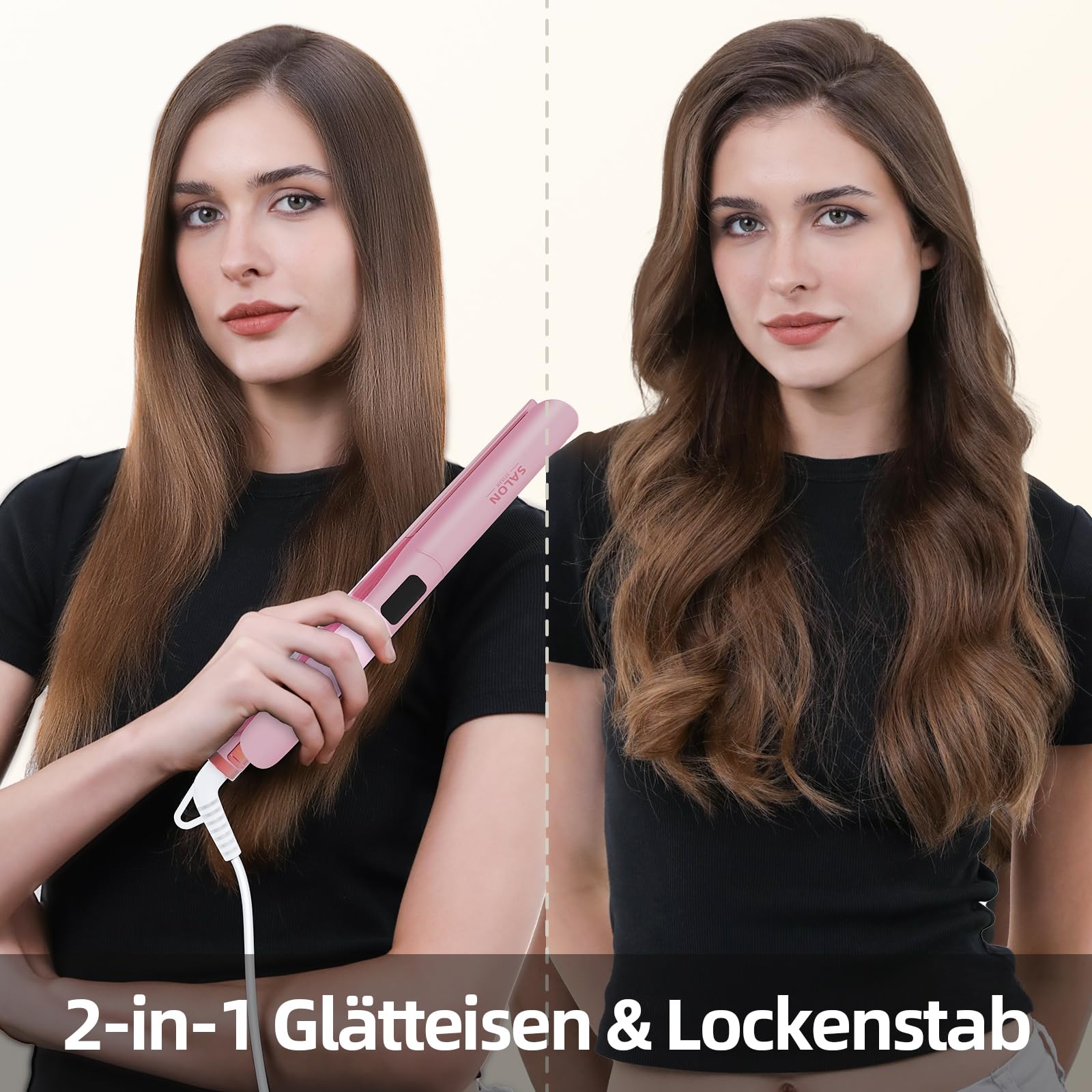 Dekuri 2 in 1 Glätteisen Locken und Glätten, Glatte Titanplatte Haarglätter, 30s Schnellaufheizung, 120-230℃ LED Display, Ionische Haarglätter für Frauen - Rosa