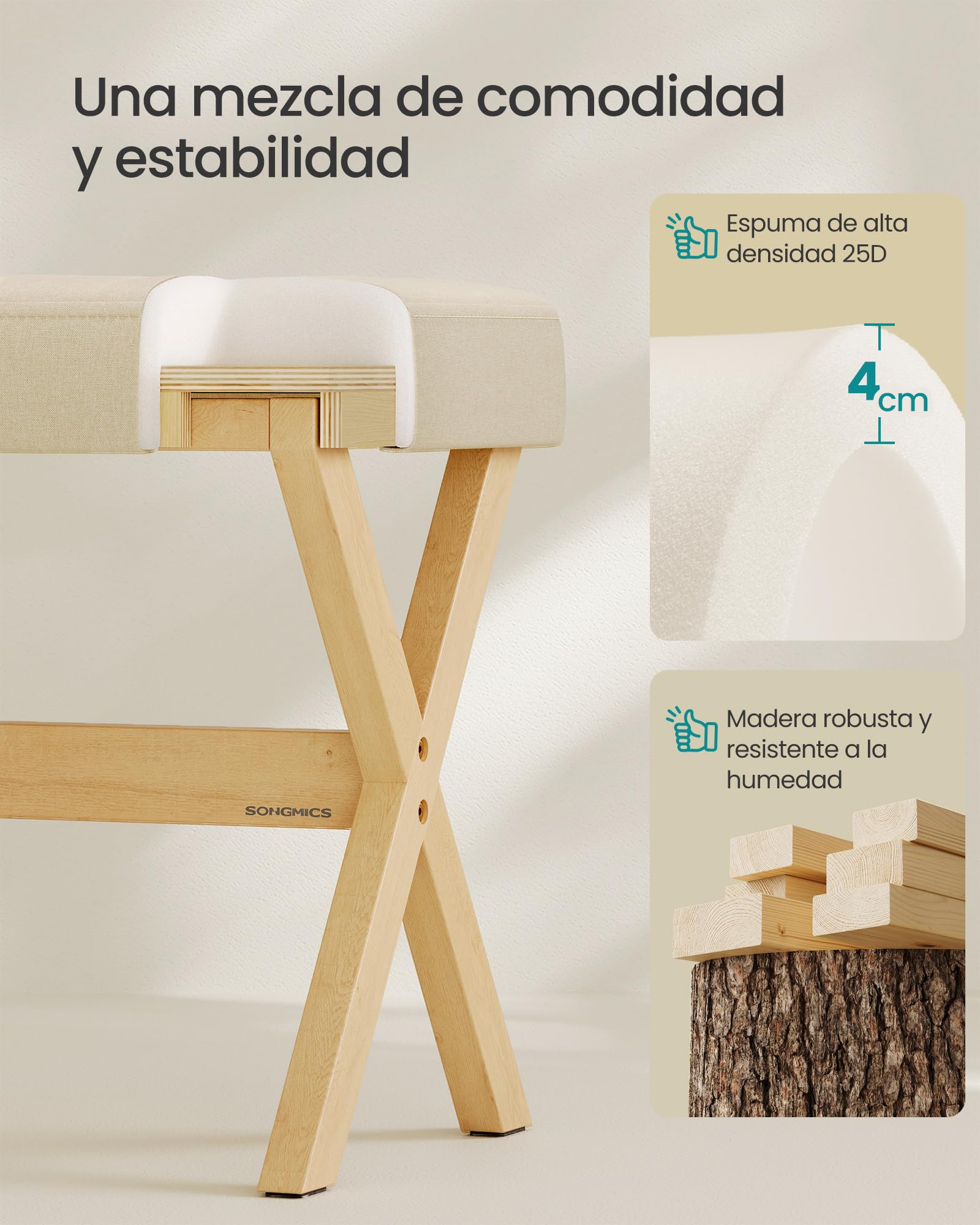 SONGMICS Taburete de Tocador, Taburete de Maquillaje Acolchado, Reposapiés, Patas de Madera, para Dormitorio, Vestidor y Recibidor, 32 x 42 x 46 cm, Beige Arena y Natural LSF006LF02 — view 5