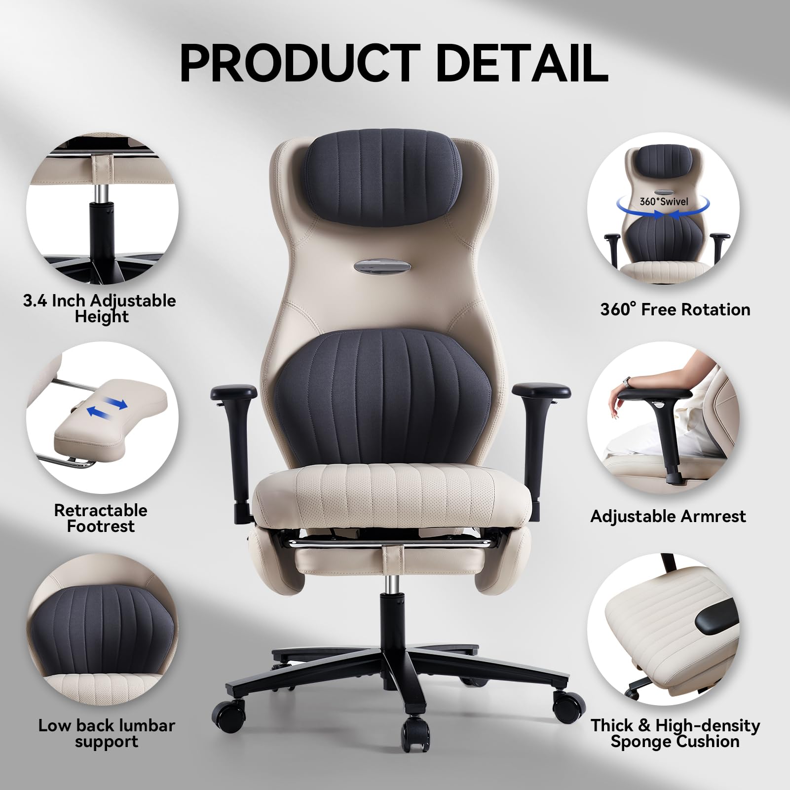 EMIAH Silla Oficina Ergonómica, Silla de Escritorio Reclinable con Reposapiés, Reposabrazos Ajustables, Silla Game de Respaldo Alto, Silla de Ordenador Ejecutiva con Soporte Lumbar, Cuero PU (Blanco)