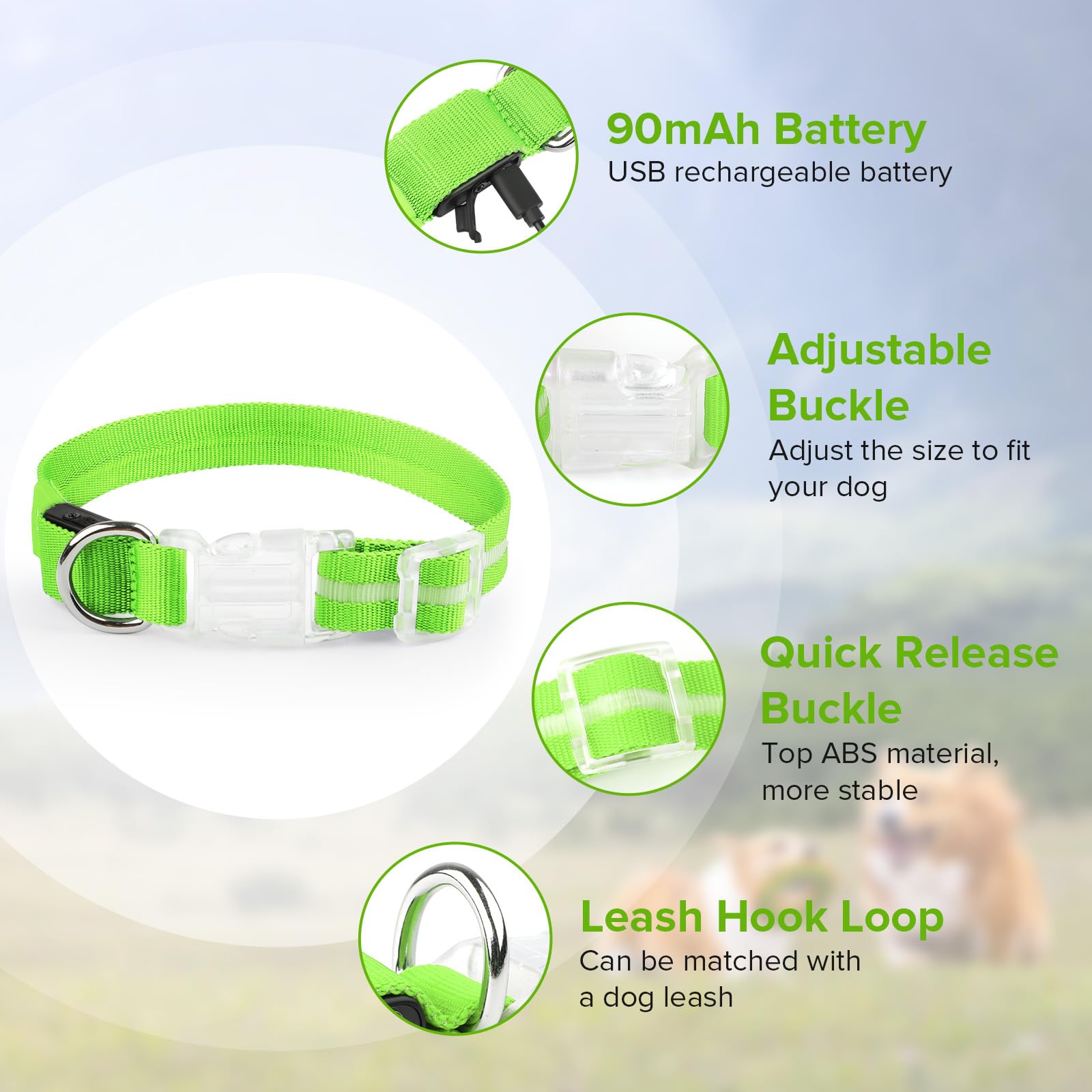 Collar de perro iluminado para caminar por la noche, collar de perro con luz LED recargable USB-C, brilla en la oscuridad, collar brillante impermeable, ajustable con 3 modos para perros