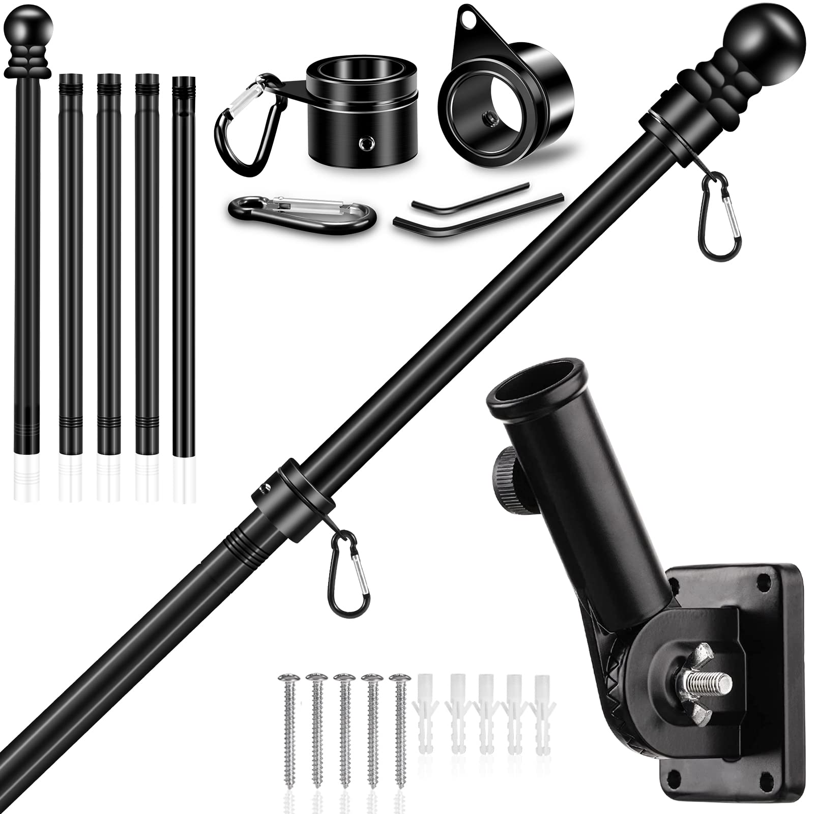 6 FT Flag Pole Kit with Mutil-Position Adjustable Bracket & Spinning Flagpole Rings, 1" Thicken Stainless Steel Metal Flag Poles for 3x5 Flag Outside House Wall Post Mount (6 FT, w/180° Black Bracket)