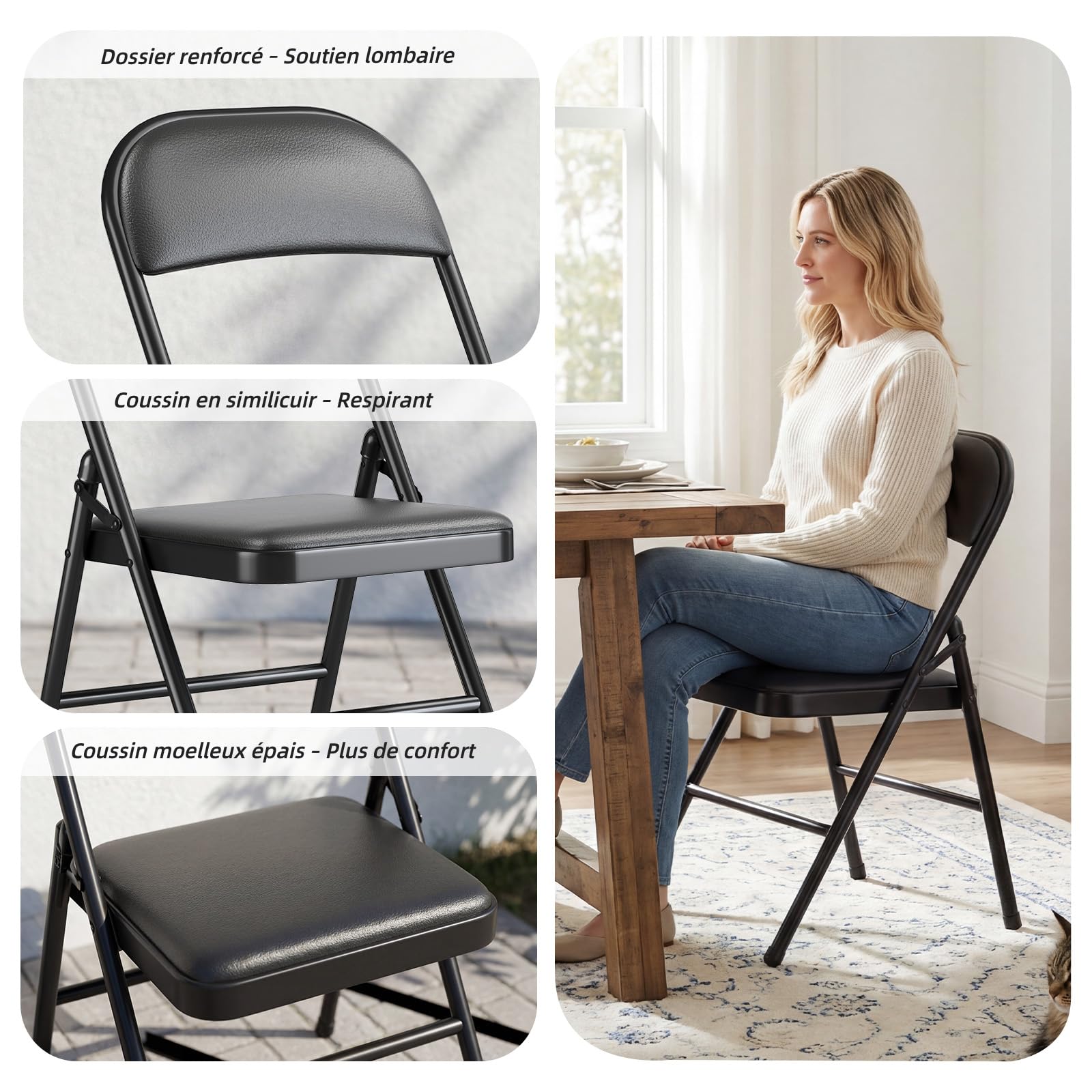 Lot de 6 Chaises Pliantes Rembourrées, Charge 158 kg, Cadre en Acier, Simili Cuir PU, Pliable Gain de Place, sans Montage, pour Salon, Salle à Manger, Camping, Jardin, Réception, Noir
