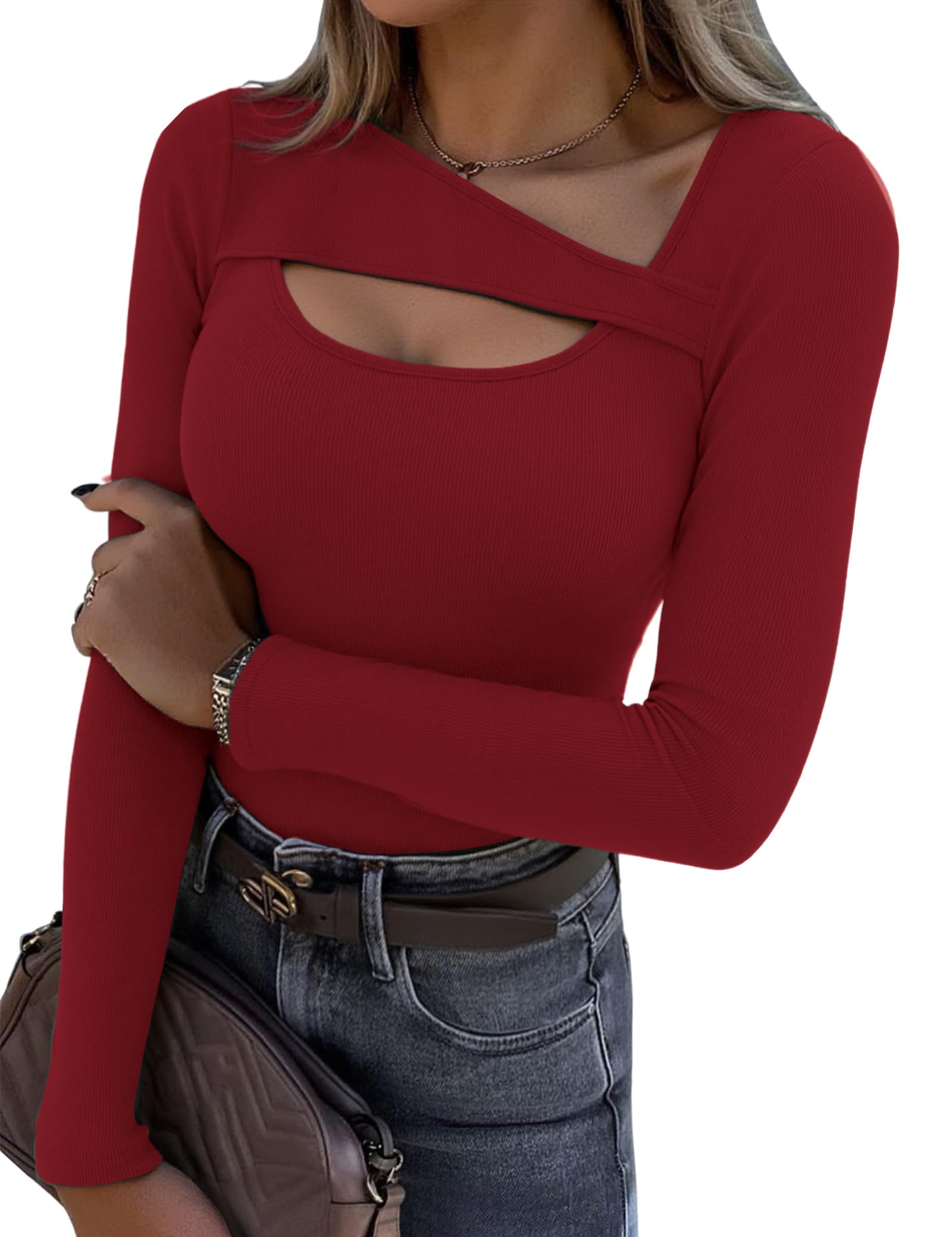 Aottori Damen Langarmshirt Asymmetrischer Ausschnitt Oberteile Langarm Gerippt Basic Tee Shirts Slim Fit Elegant Pullover Stretch Casual Tops Einfarbig