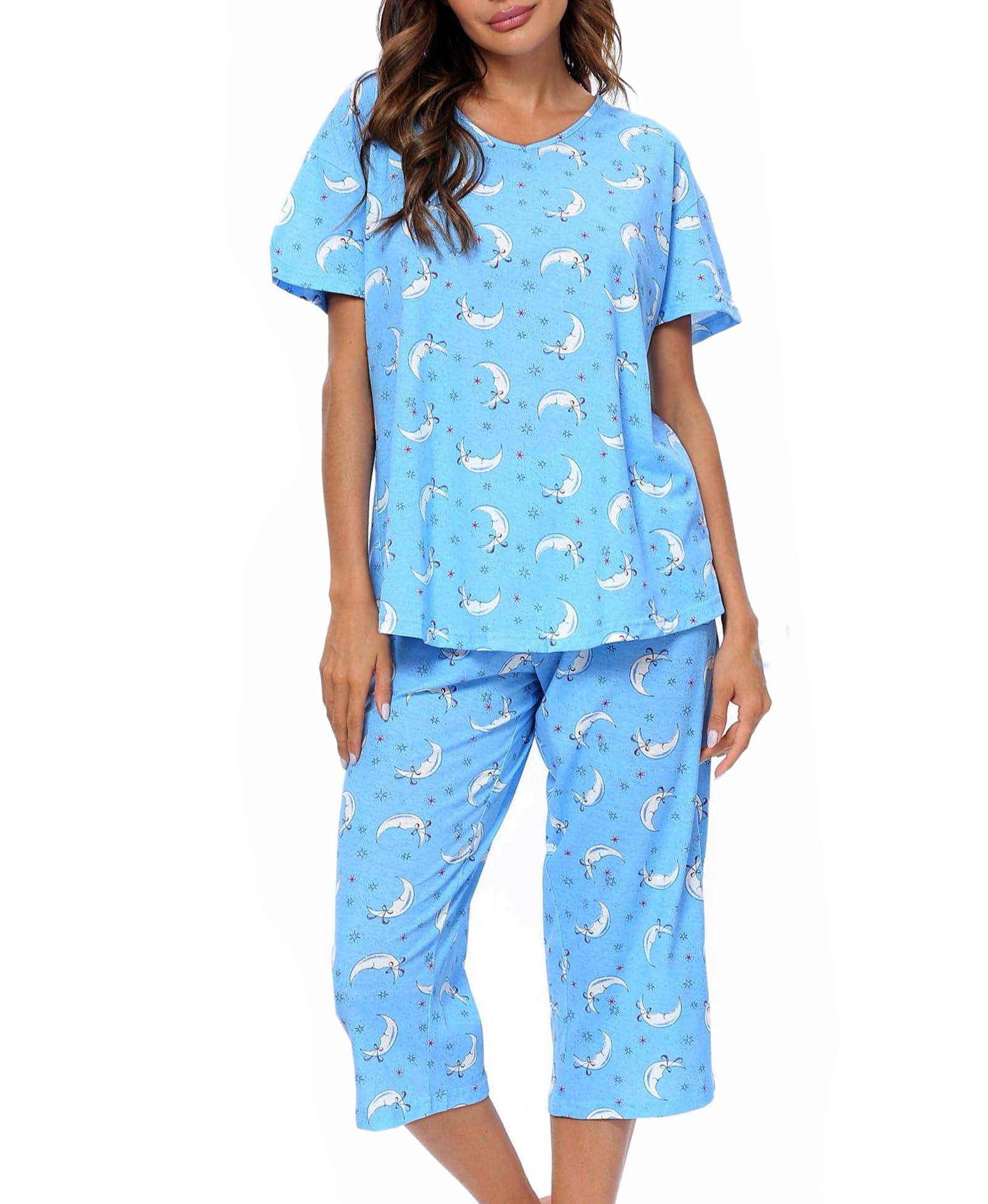 Schlafanzug Damen Zweiteiliger Pyjama Sommer Nachtwäsche Kurz Baumwolle Hausanzug Capri Sleepwear Oberteil und 3/4 Hose S-XXL