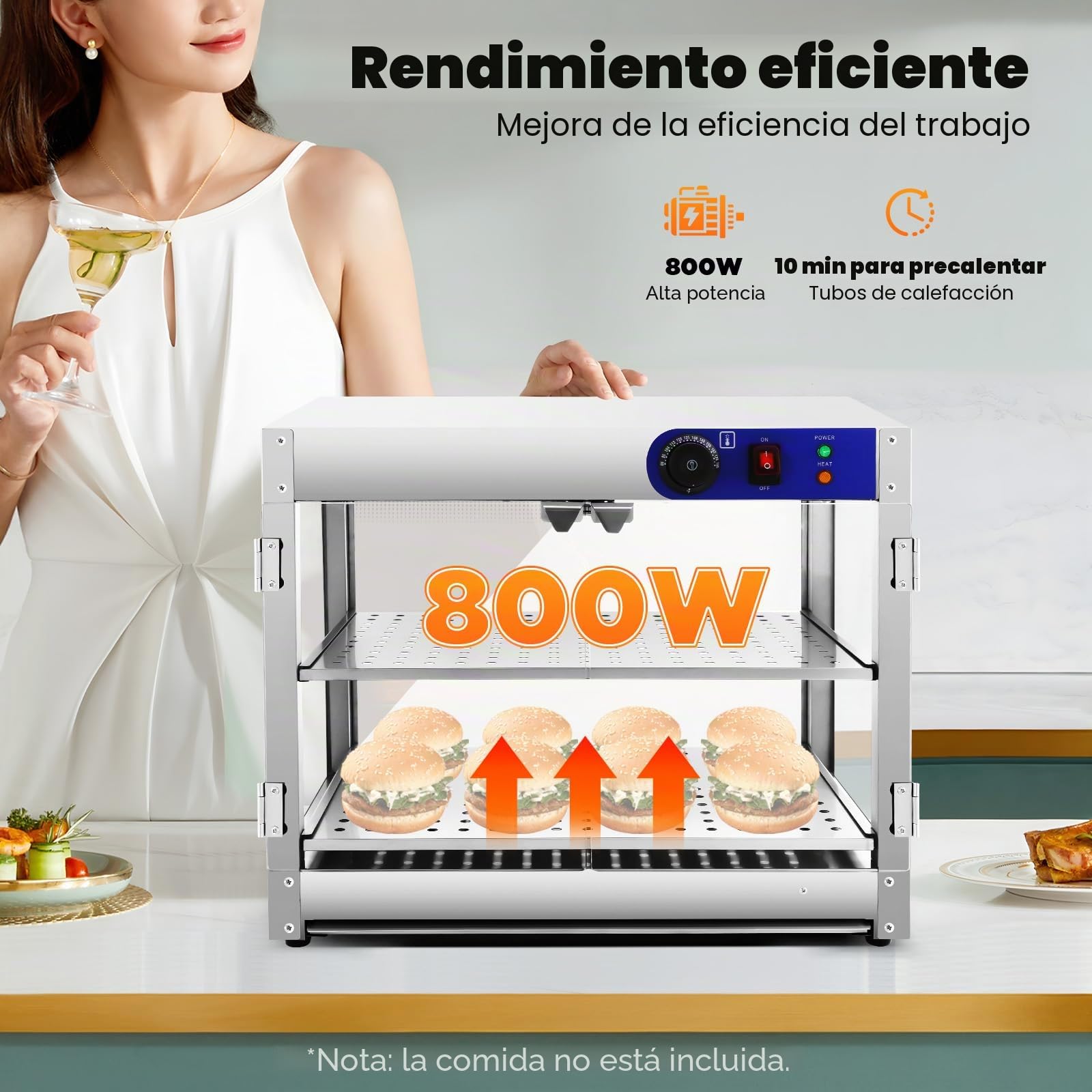 Vitrina de encimera, mostrador caliente, vitrina para mantener el calor, vitrina térmica de 30 – 85 °C, iluminación interior, estante de alambre de 2 niveles, con pinzas, cristal comercial