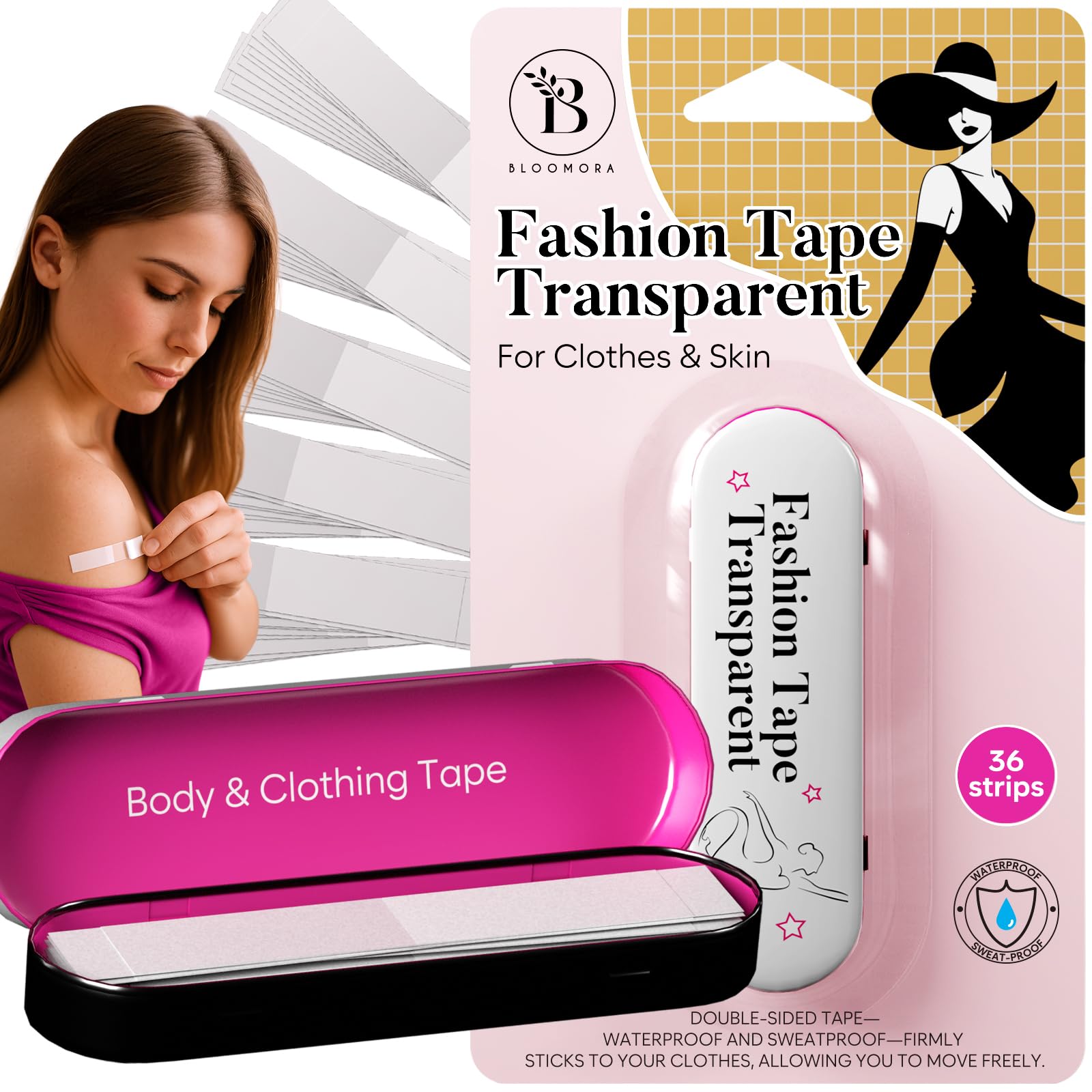 BLOOMORA Fashion Tape - Double Sided Fabric and Body Tape - 36 Clear Strips (3" x 0.5") - Waterproof Body Tape for Neckline Clothes, Dresses, Straps and Hems - Metal Box-image-27