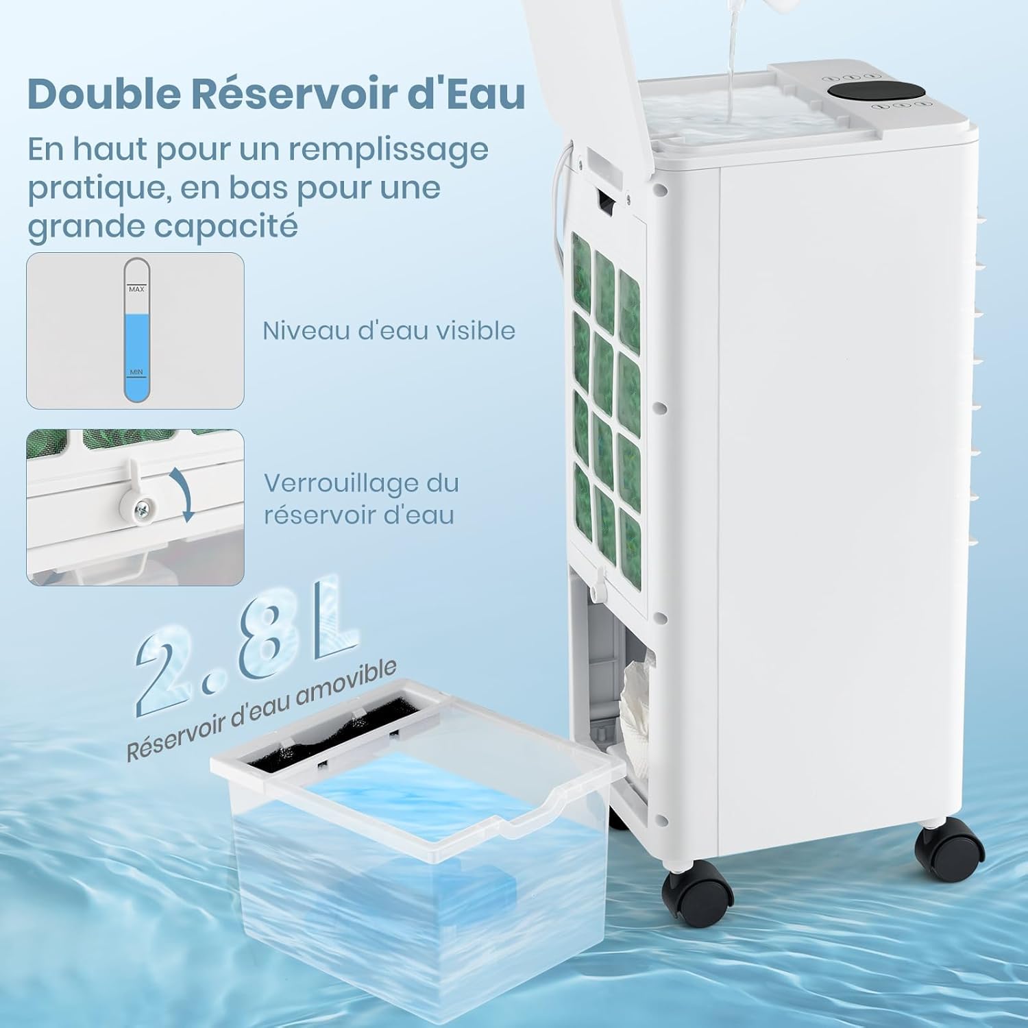 RELAX4LIFE Rafraîchisseur d'Air Silencieux Mobile | 3 en 1 Refroidisseur d'Air Humidificateur Ventilateur | 3 Vitesses 3 Modes | Réservoir 2,8L | 4 Blocs Réfrigérants | Oscillation | Faible Conso