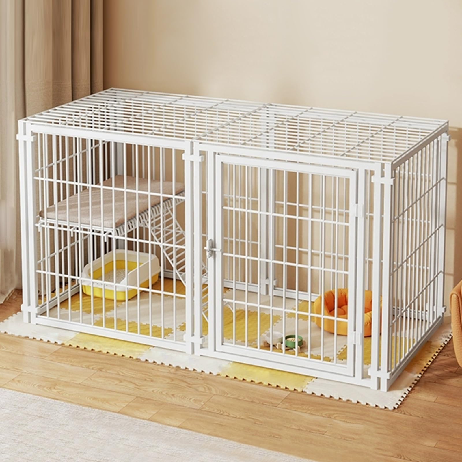 Recinto per Gatti da Interno in Filo Metallico Staccabili con Copertura Superiore, 120 * 60 * 70 cm Trasportino per Gatti Chiusi con Scala per Furetti, Cincillà, Conigli, Cani(White)
