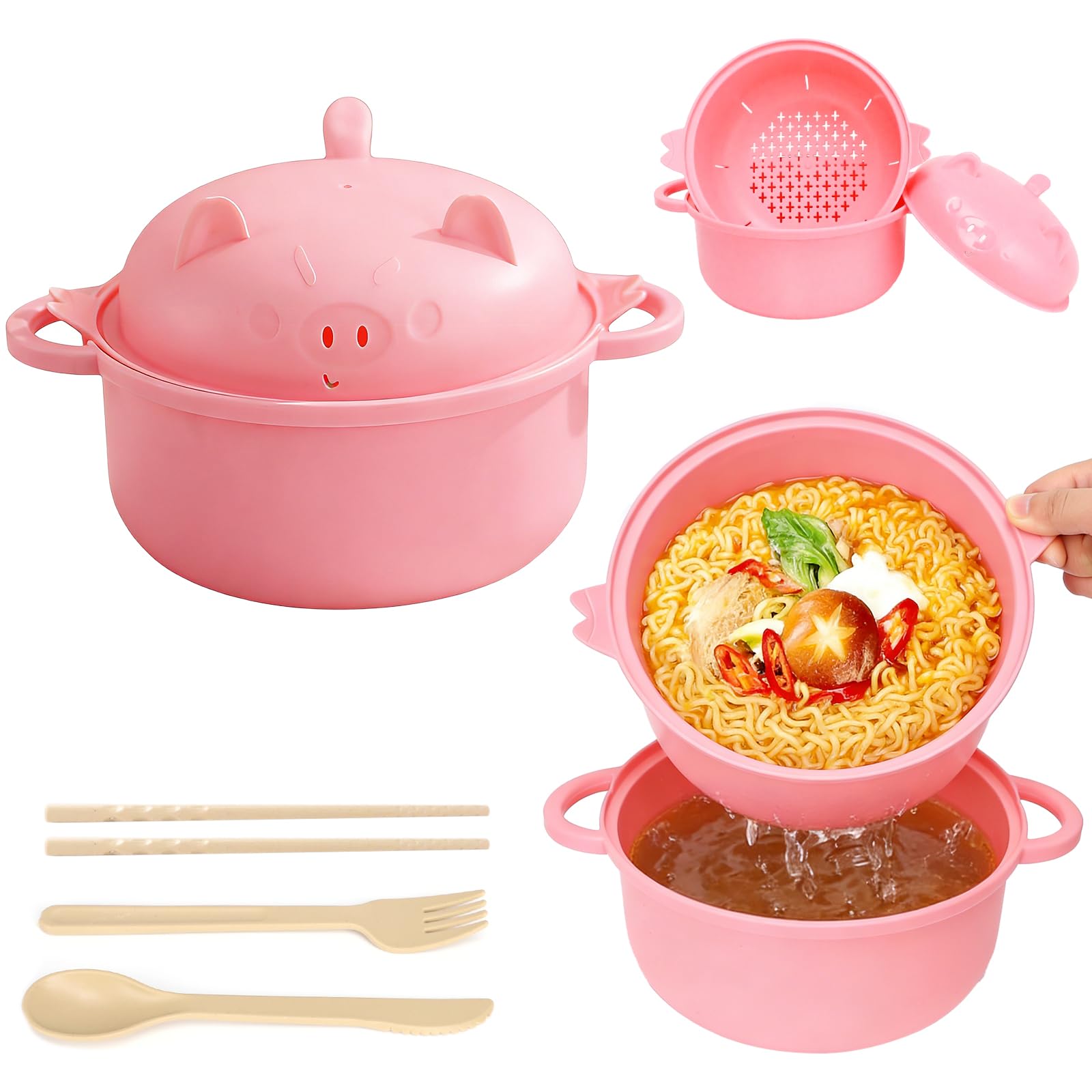 EOAMGO Noodle Bowl with Lid, Ramen Bowl Set, Microwave Noodle Bowl with Chopsticks and Fork, Instant Noodle Pot Soup Bowl, 1200ml Portable Large Ramen Bowl with Pig Salad Bowl, BPA Free (Pink)