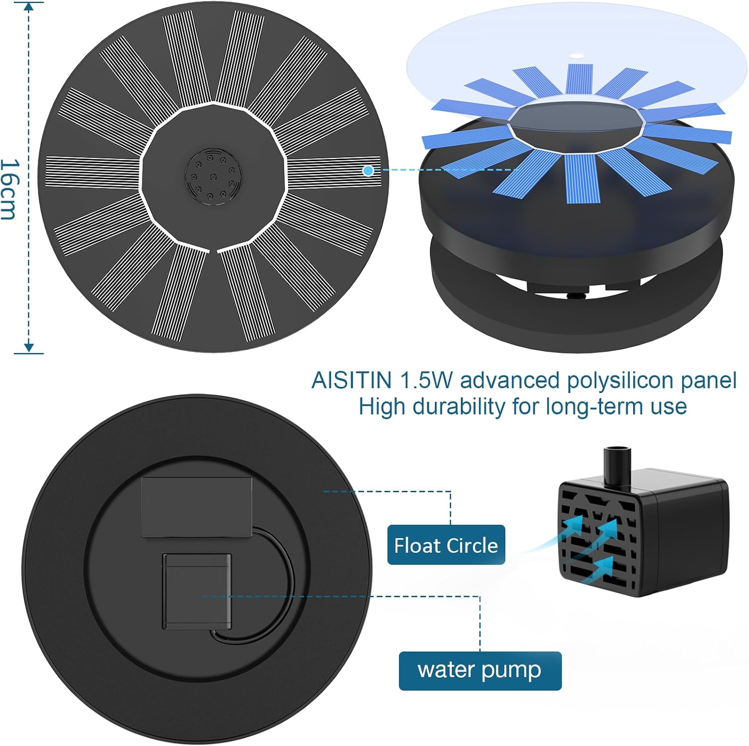 AISITIN Solar Bird Bath Fountain, Solar Fountain Pump for Bird Bath with 6 Nozzles, Solar Powered Water Pump for Garden, Ponds, Pool, Outdoor and Fish Tank, 1.5W-New, 2 Pack