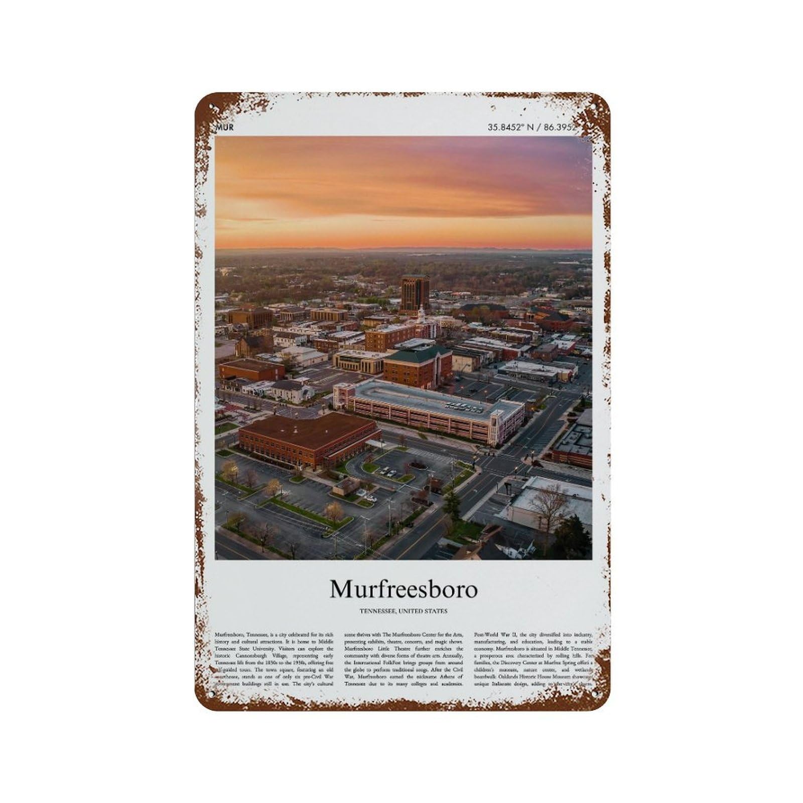 xiaoxiaoshen Murfreesboro Tennessee, United States, USA City Scenery Wall Decor Art Metal Tin Poster Modern Home Decor Art Home Bar Shop Decorations Vintage Sign 30x20cm