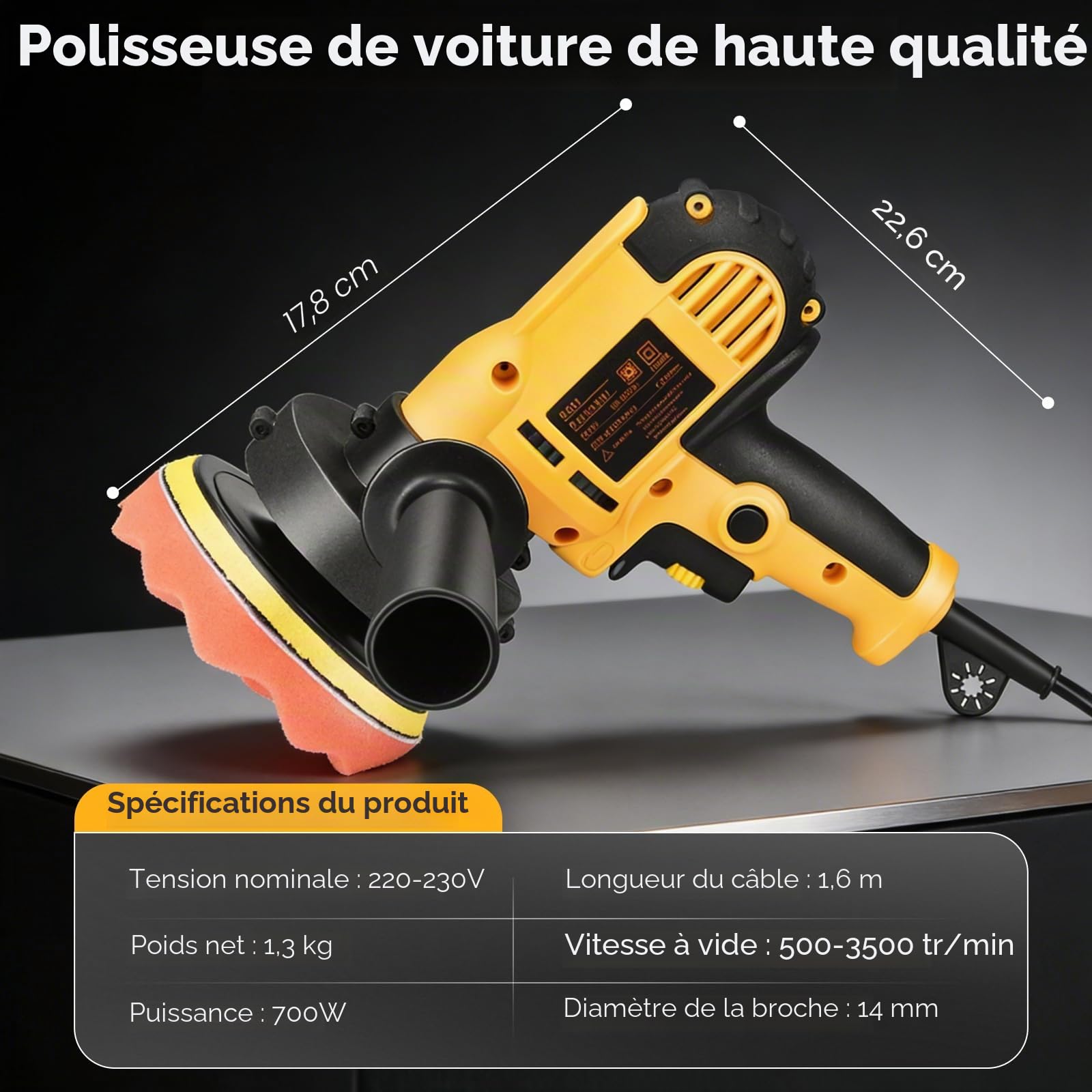 Lustreuse Polisseuse Voiture, 700W Polisseuse Voiture avec 6 Vitesses Réglable 600-3700 tr/min, Moteur Puissant, Poignée Amovible et 5 Tampons de Polissage Amovibles pour Polissage Voiture