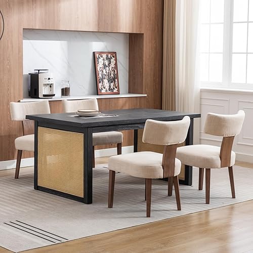 Miniatura 6 de Juego de 6 sillas de comedor modernas, cómodas sillas laterales tapizadas con patas de madera, sillas de comedor de tela de lino con respaldo