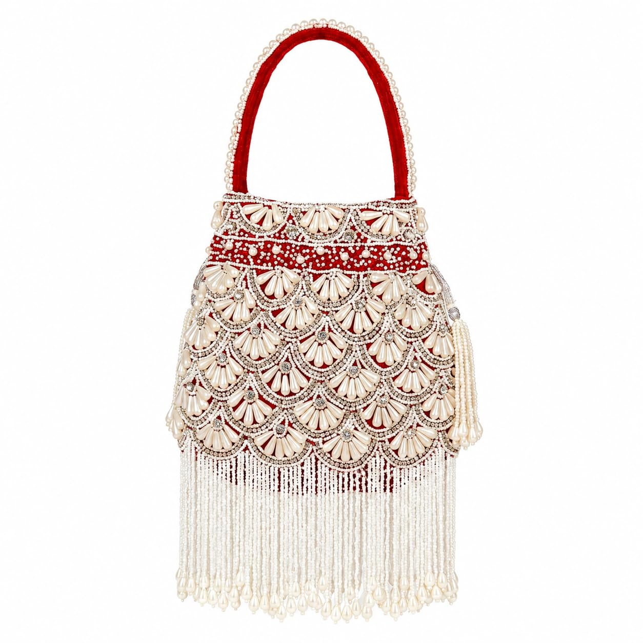Red Velvet Potli Bag with Pearl Beading, Rhinestone Embellishment, Fringe Detail, Bridal Handbag-image-40