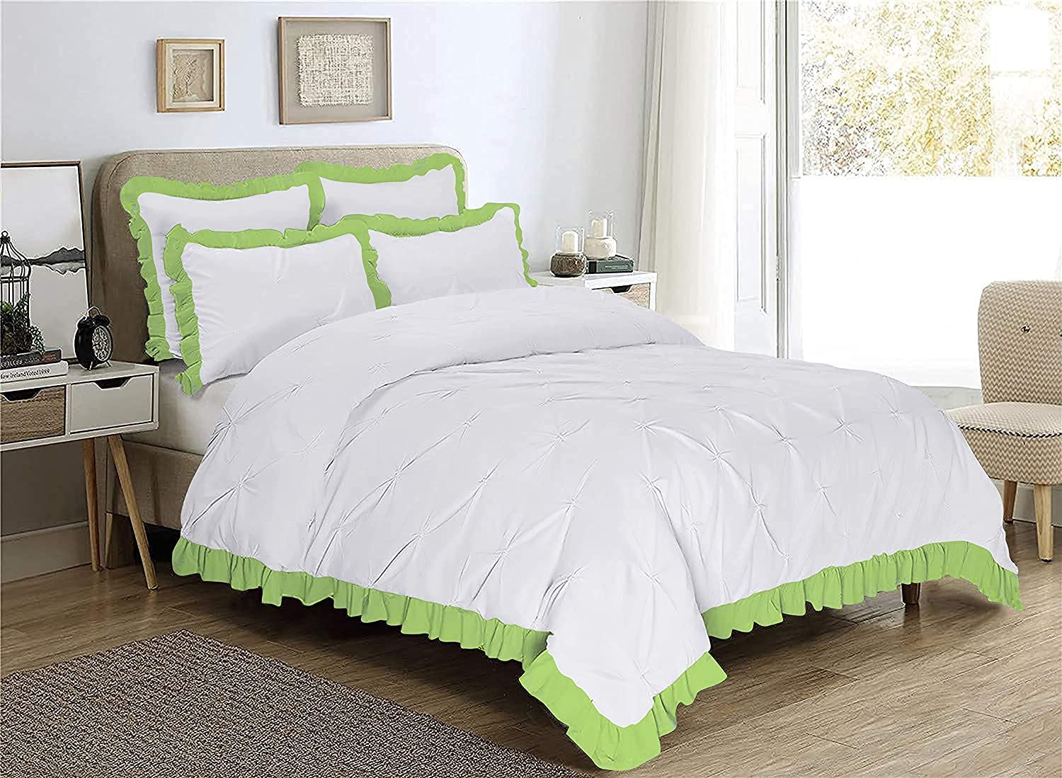 British-Linen 1PC Two Tone Pinch Corner Ruffle Zipper Duvet Cover, 400 TC - White/Sage, Queen.