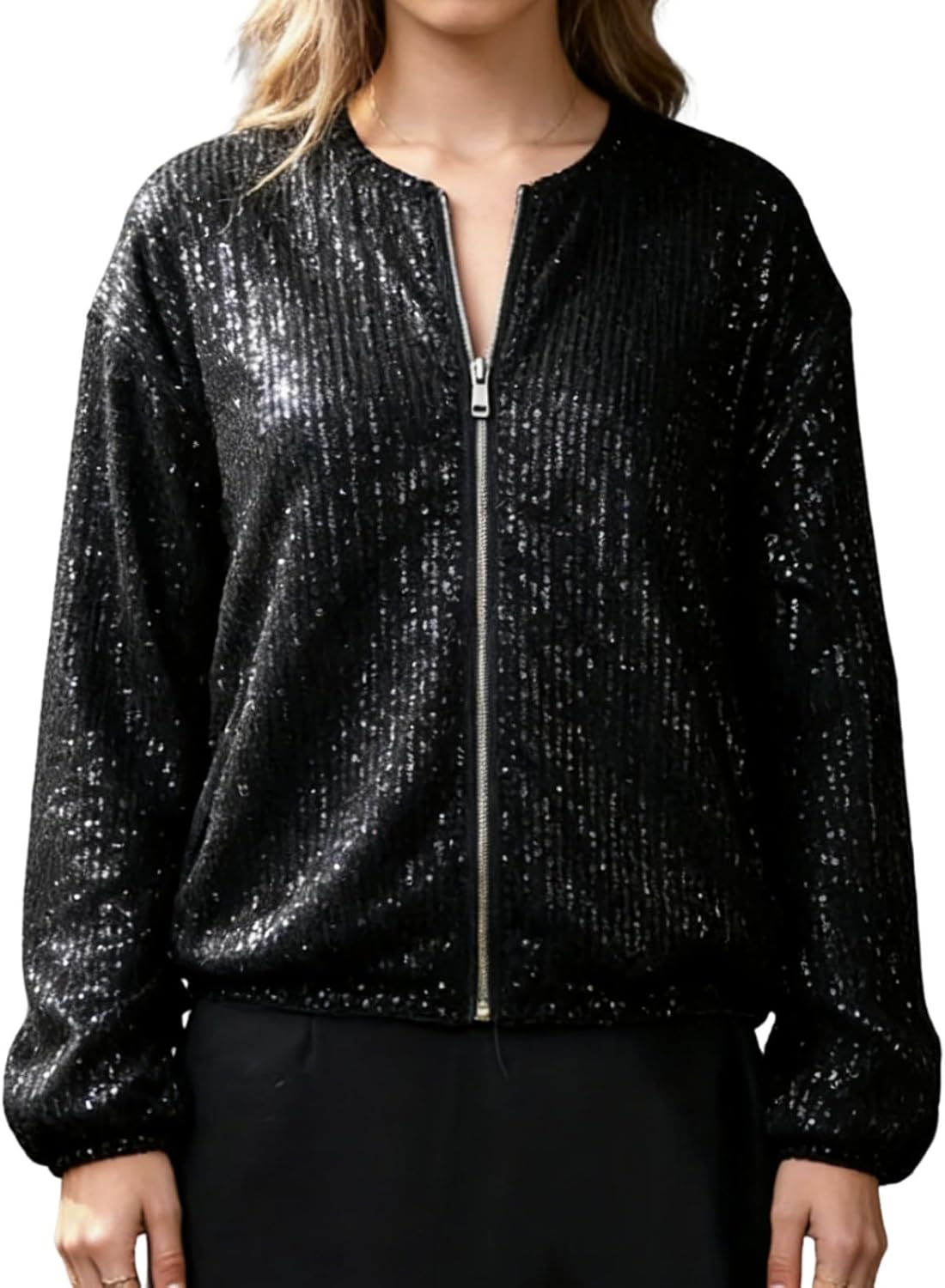 Womens Fall Winter Long Sleeve Sparkle Sequin Jacket, Sexy Zipper Glitter Coat Tops - Image 5