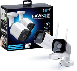 Geeni Hawk 3 1080P Outdoor Security Camera – 2-Pack Weatherproof Outdoor Cameras for Home Security Motion & Sound Detection and Night Vision, Supports Alexa & Google