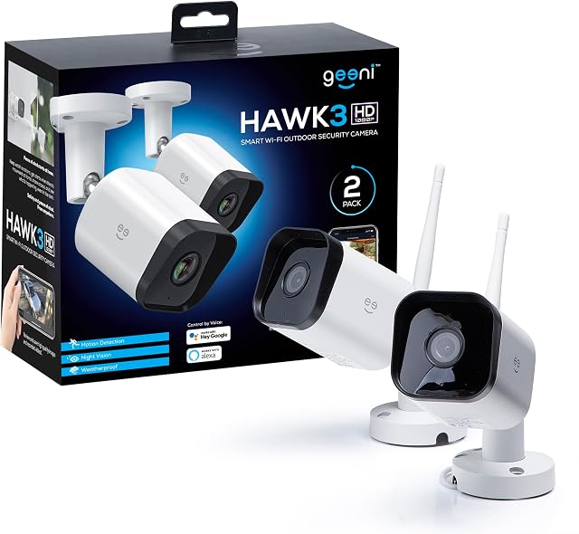 Geeni Hawk 3 1080P Caméra de sécurité extérieure – 2-Pack Caméras extérieures étanches pour la sécurité intérieure Motion & Détection de son et vision nocturne, soutient Alexa & Google