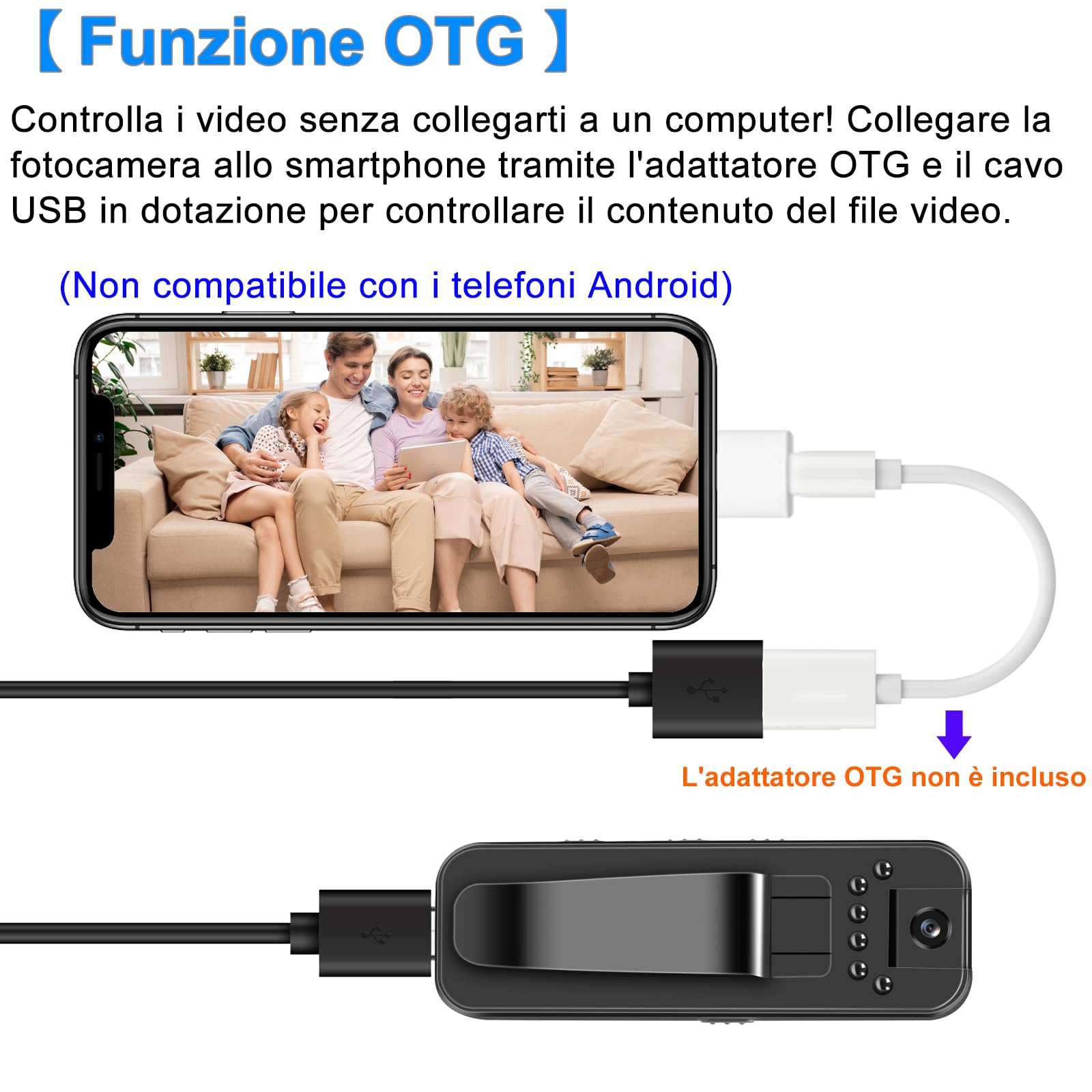 TANGMI Spy Cam 1080P, Body Cam, Visione Notturna, 180°, Mini Camera | Micro Camera, Micro Telecamera, Clip-on, Registrazione Audio, Loop, 150 Min, 27g, Riunioni Equitazione Animali, Cavo