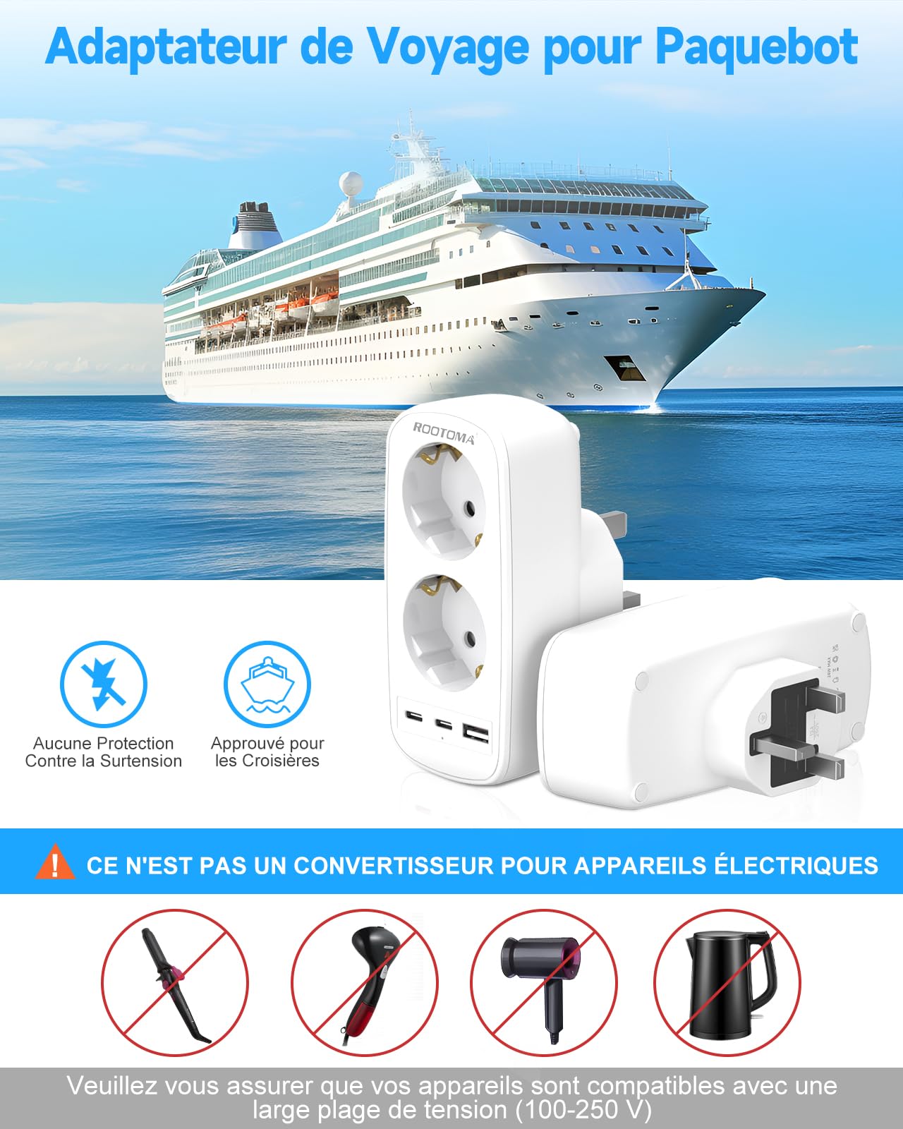 Prise Adaptateur Type G Double Prise avec 3 USB pour Angleterre, Irlande, Dubai, Maldives