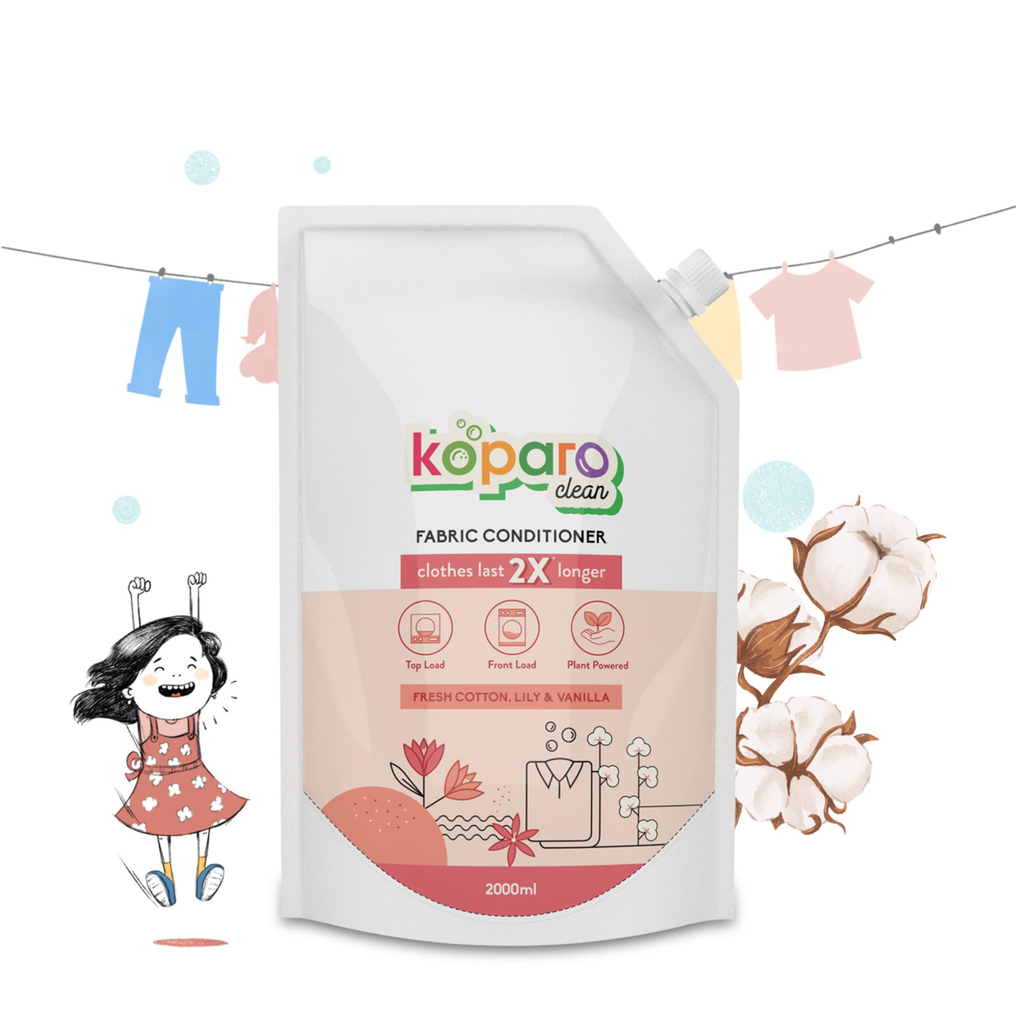 Koparo Natural Fabric Conditioner & Softener Liquid|2 Litres|Lily & Vanilla|Organic, Eco Friendly & Non Toxic|Top Load & Front Load|Protects Shine & Safe For Baby Clothes