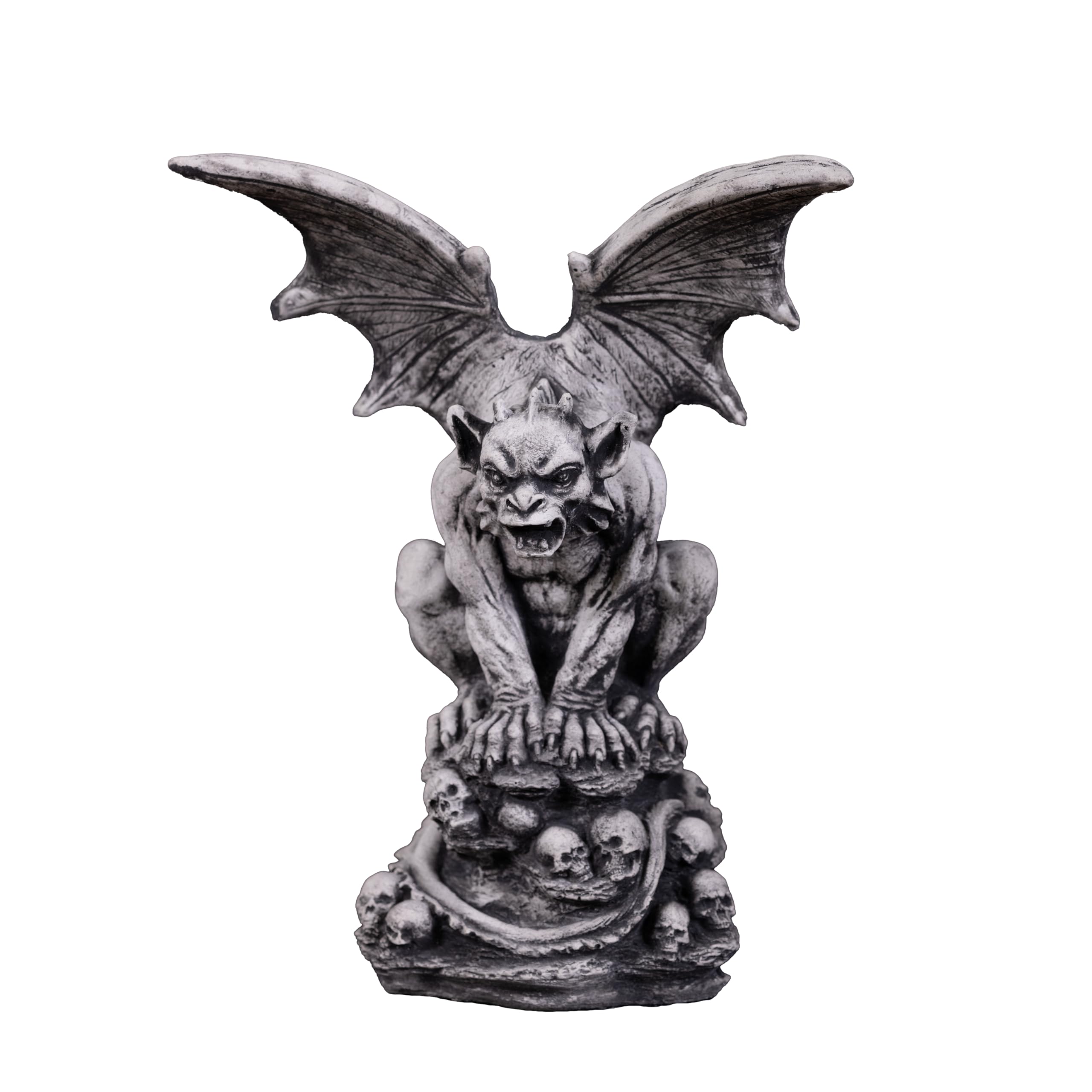 gartendekoparadies.de Gargoyle Gartenfigur mit Flügeln auf Totenschädeln, 40 cm Höhe, 8 kg, Grau, Steinguss, frostsicher für Außenbereich