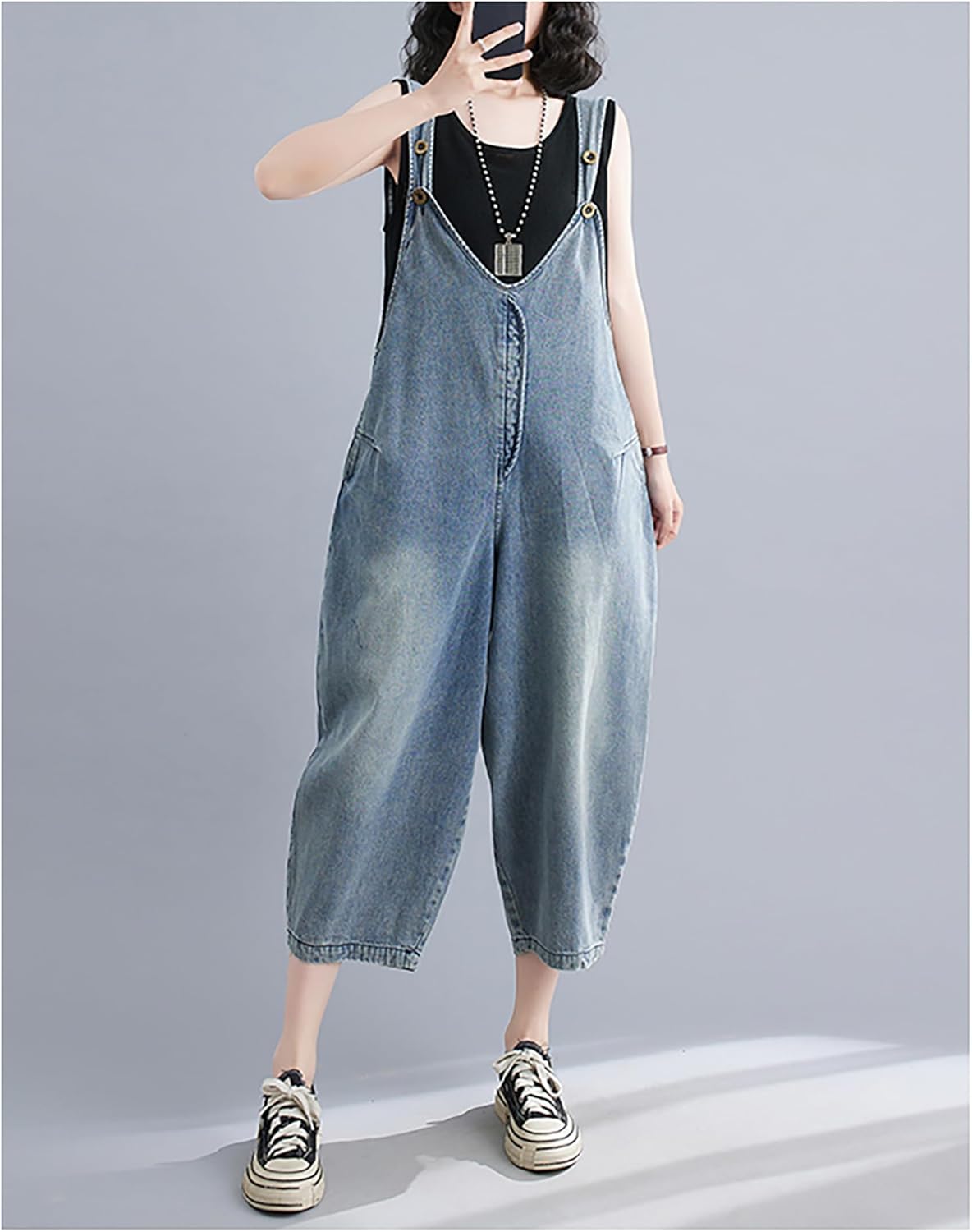 [MMTYRM] サロペットパンツ レディース 大きいサイズ ジーンズ Ｖネック 大人 体型カバー カジュアル オーバーオール デニ