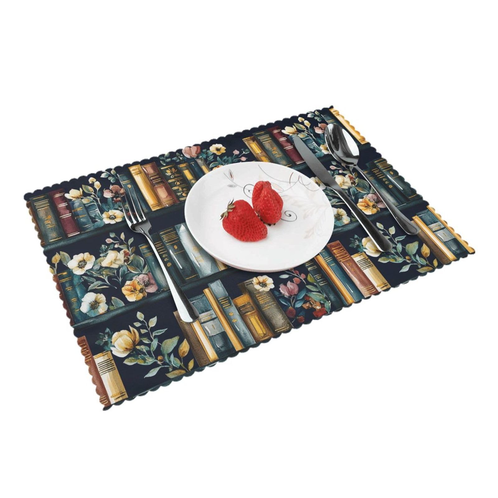 Bookshelf Booklovers Flowers (5) Placemats Set of 4 Print Table Mats Place Mats Table Decor for Kitchen Dining 12X18 in