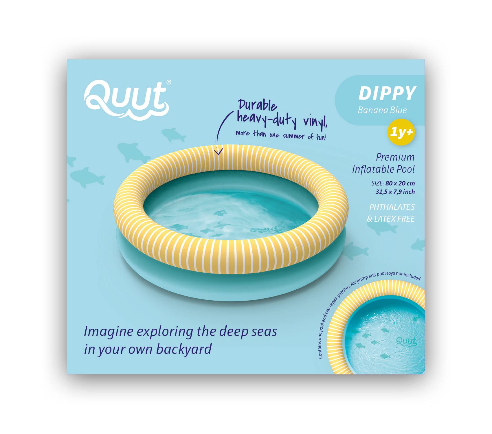 Quut Dippy - Piscina inflable de PVC Premium de calidad (0,25 mm) - Divertido y diseño a partir de 1 año - bebé - 80 cm de diámetro (azul plátano)