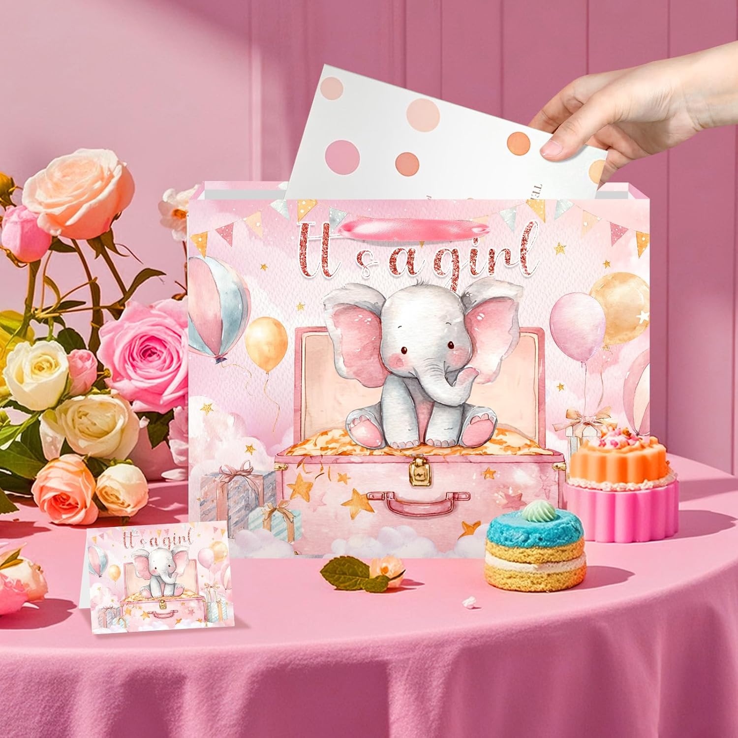 bigniuzi Pink Elephant Baby Girl Shower Gift Bag with Tissue Paper and Greeting Card Pink Baby Shower Wrapping Paper for Party Supplies - Image 6