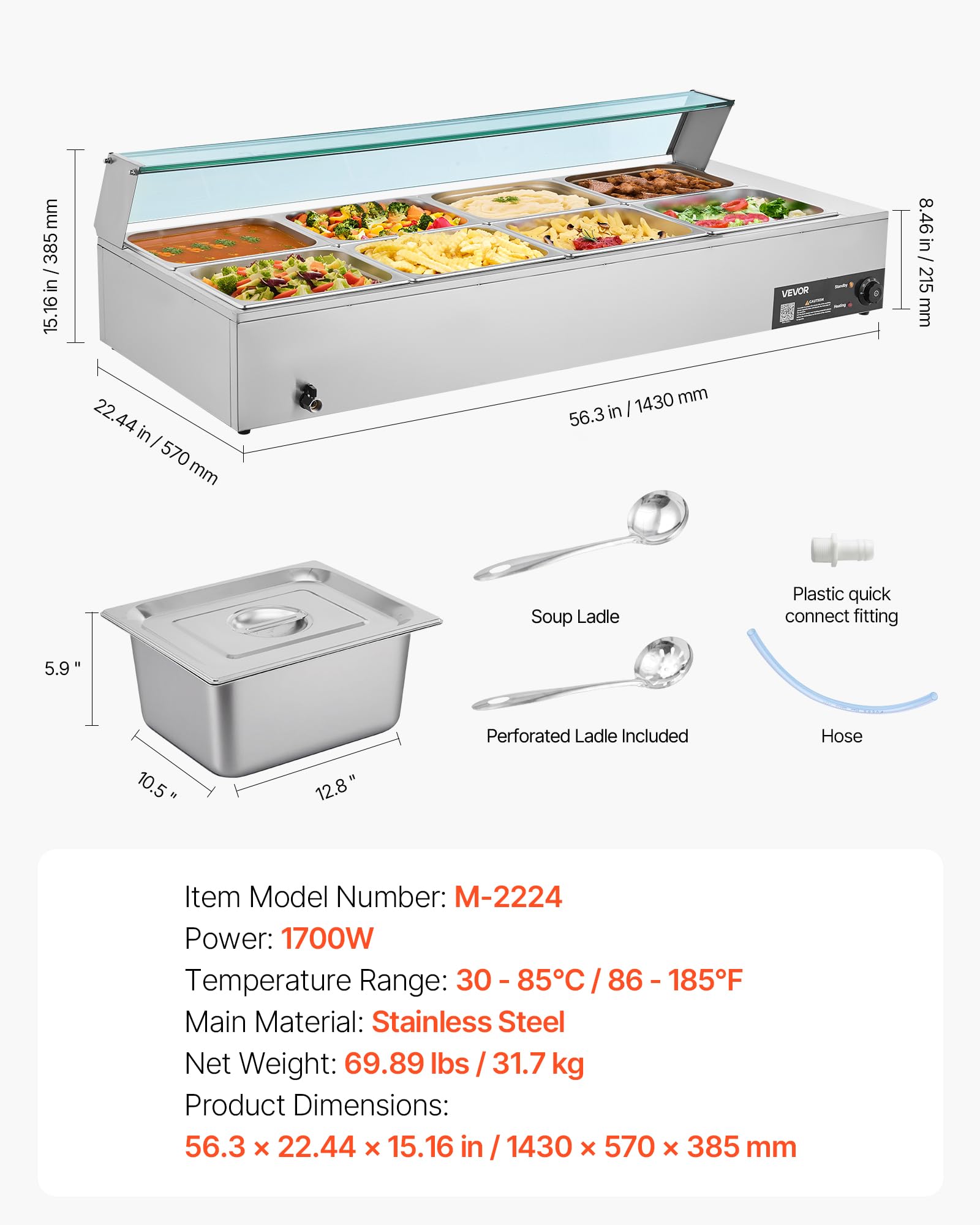VEVOR Scaldavivande Commerciale, Scaldavivande Elettrico in Acciaio Inox da 1700 W con Coperchio in Vetro, Bagnomaria da Banco a 8 Teglie, con Mestoli per Zuppa e Forati, per Ristoranti