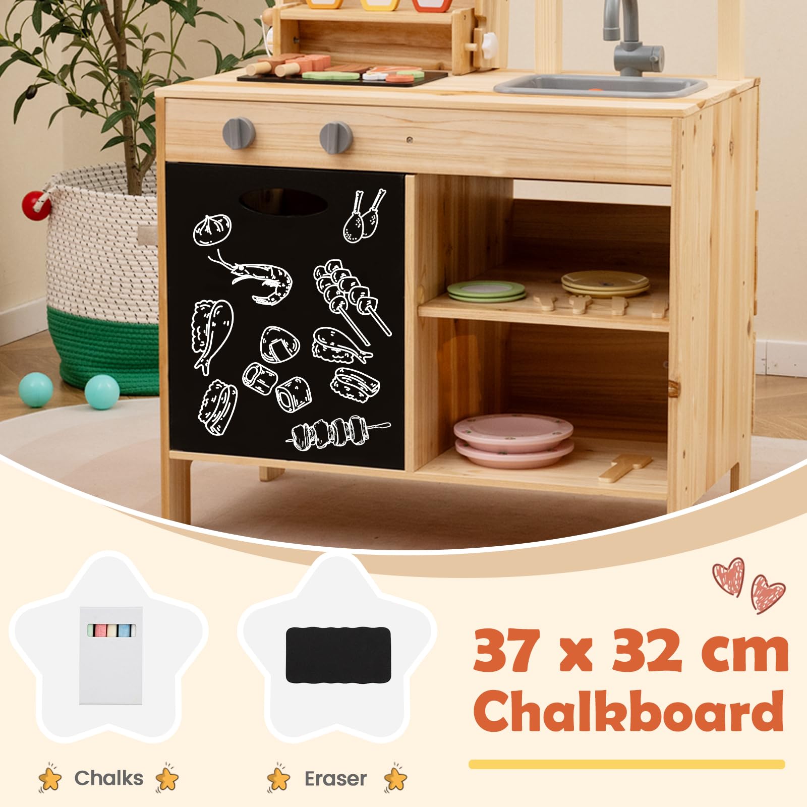 HOMASIS Cocina de Barro Exterior, Juego Infantil con Barbacoa, Parrilla, Mesa, Fregadero, con 27 Accesorios, Cocina de Juguete de Madera de Abeto, para niños de 3+ años, 69x40x90cm, Natural