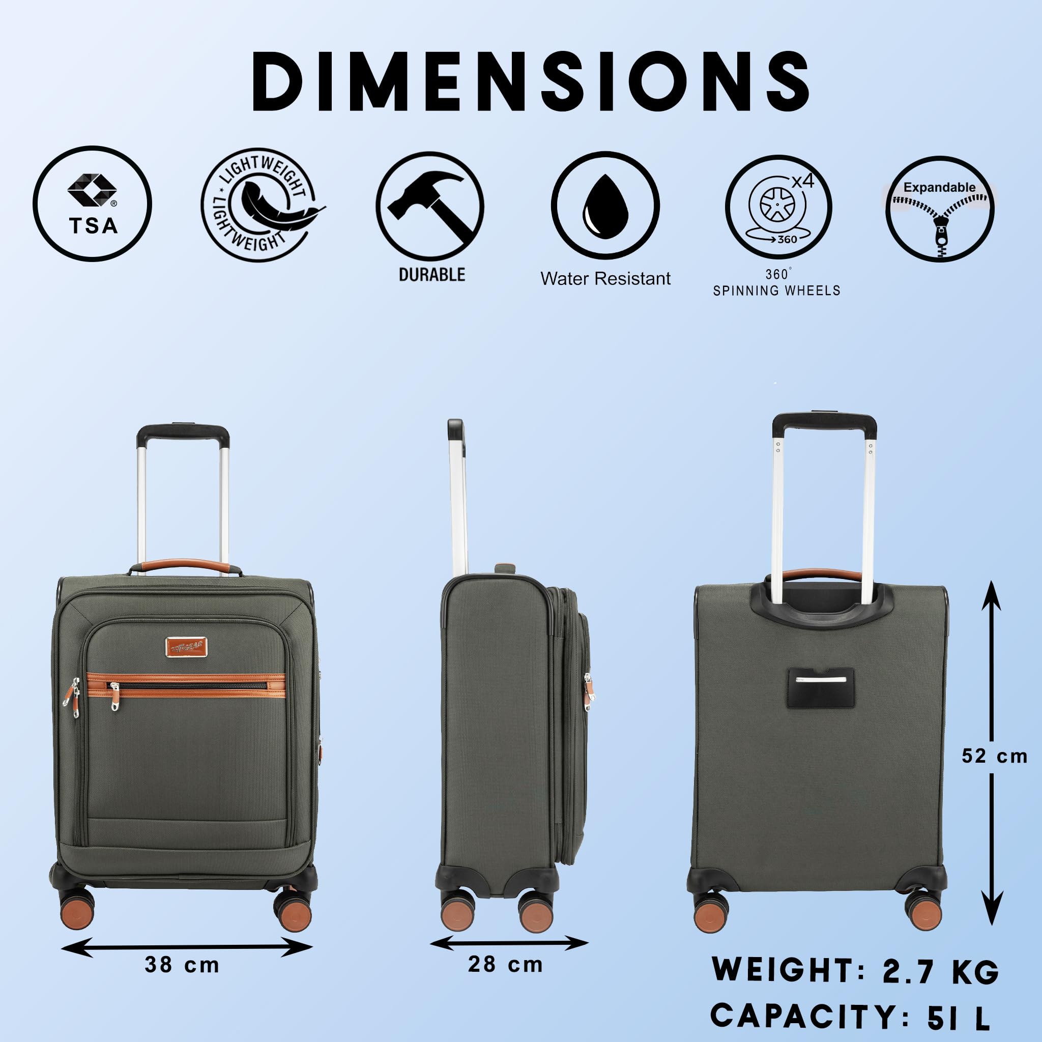 F Gear Softair - Trolley da cabina piccolo, leggero, espandibile, con ruote girevoli a 360°, sistema silenzioso a 8 ruote, serratura TSA integrata, cerniera antifurto ed etichetta per bagagli