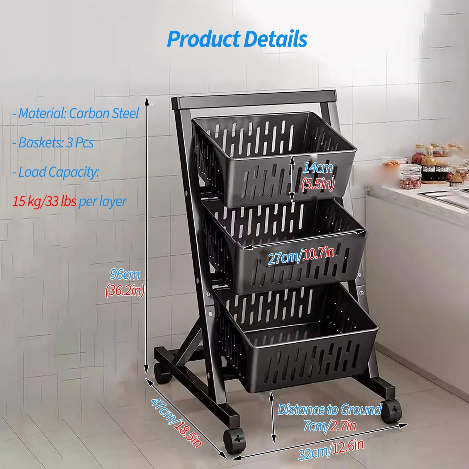 JYHHCYS 3 Tier 4 Tier Fruit and Vegetable Storage - Large Capacity Retail Display Rack Stand/Pantry Shelves Cart - Snack Candy Display Organizer with Wheels for Store, Home, Supermarket(Black,3 Tier)