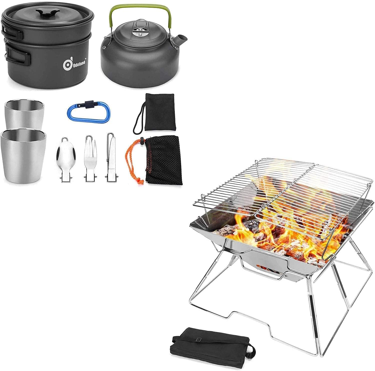 Odoland Bundle 2 Items 10pcs Camping Cookware Mess Kit and Folding Campfire Grill