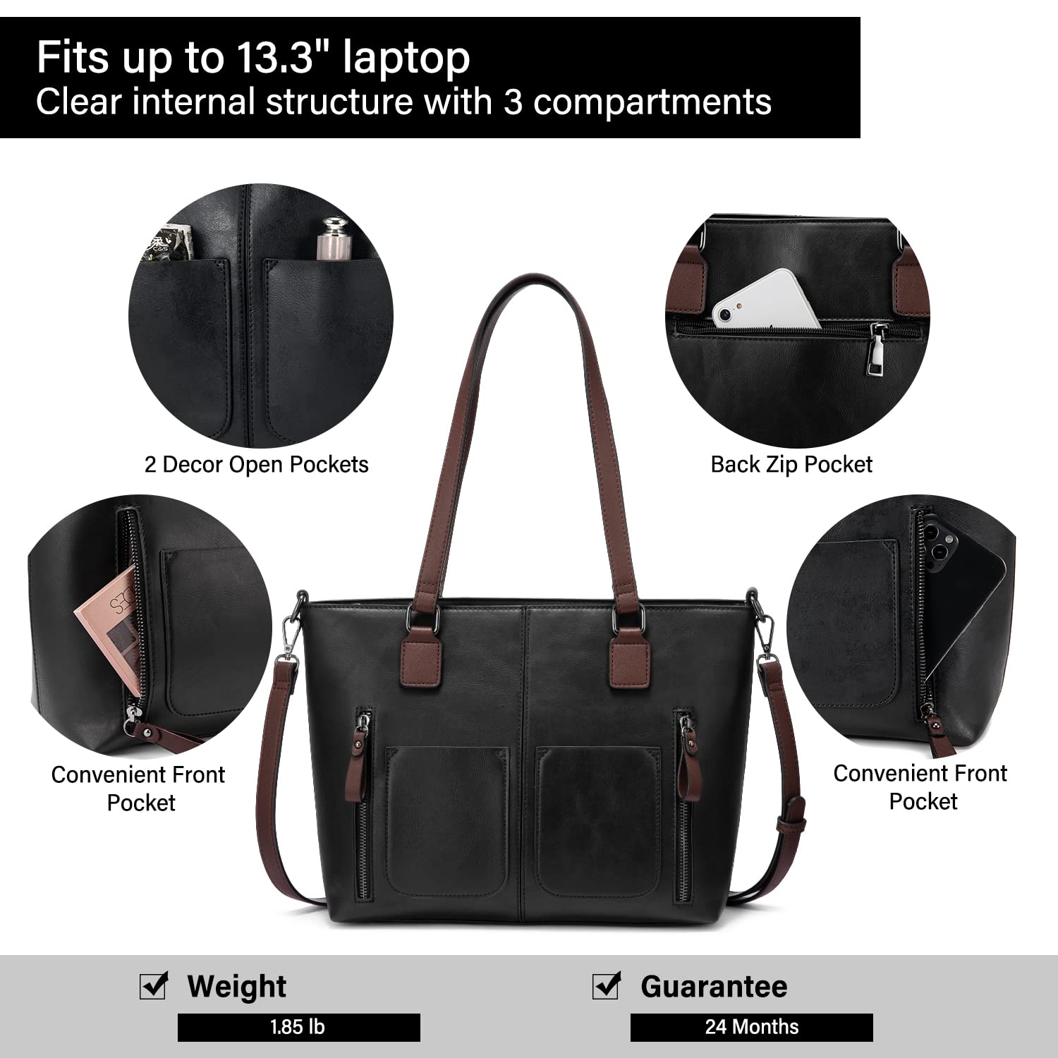 LOVEVOOK Purses Tote Bag for Women, Handbags Large Shoulder Bag, Leather Work Bags with Multi-Pockets, Designer Hobo Satchel: Medium-13.3 inch Black