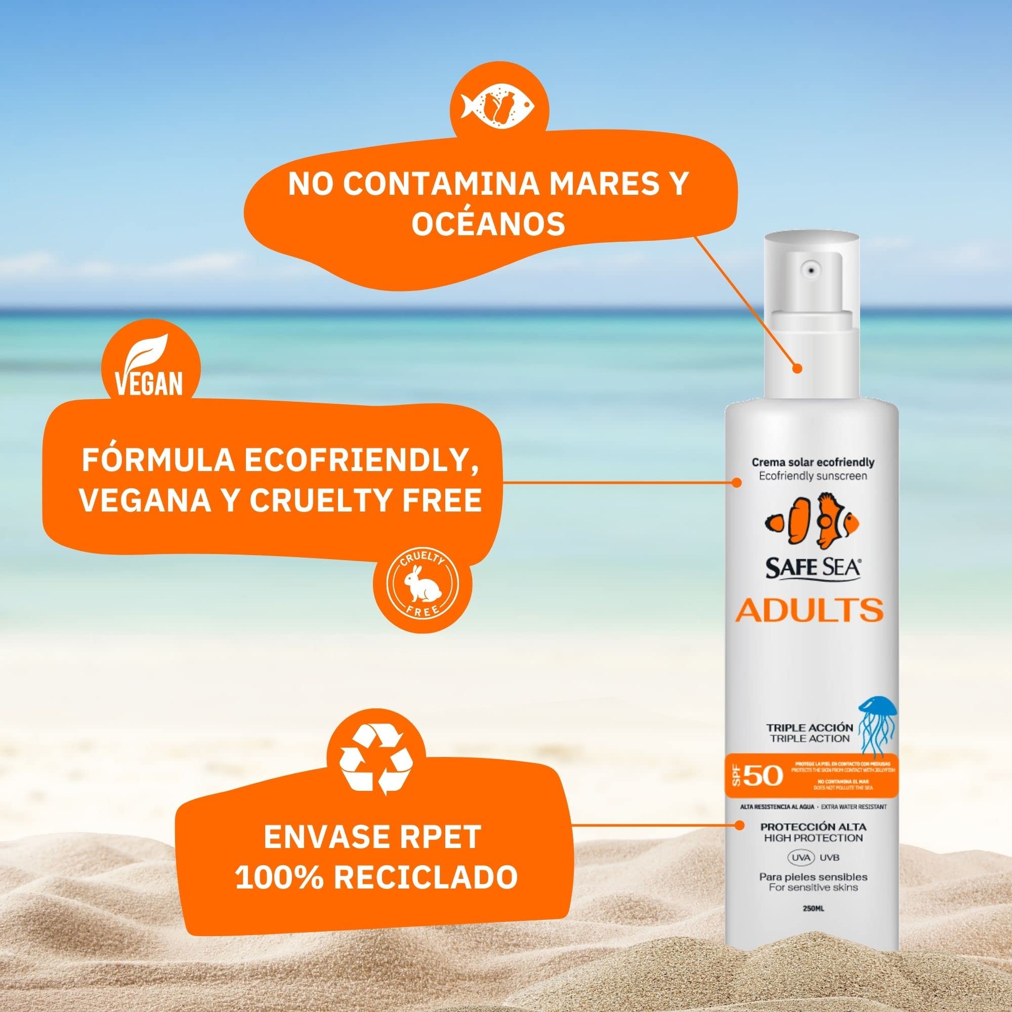 SAFE SEA - Solar Medusas Crema Solar 50 SPF Adultos 250ml | Protector Solar 50 Eco-Friendly | Spray Solar 50 | Proteccion Solar 50 SPF | Antimedusas