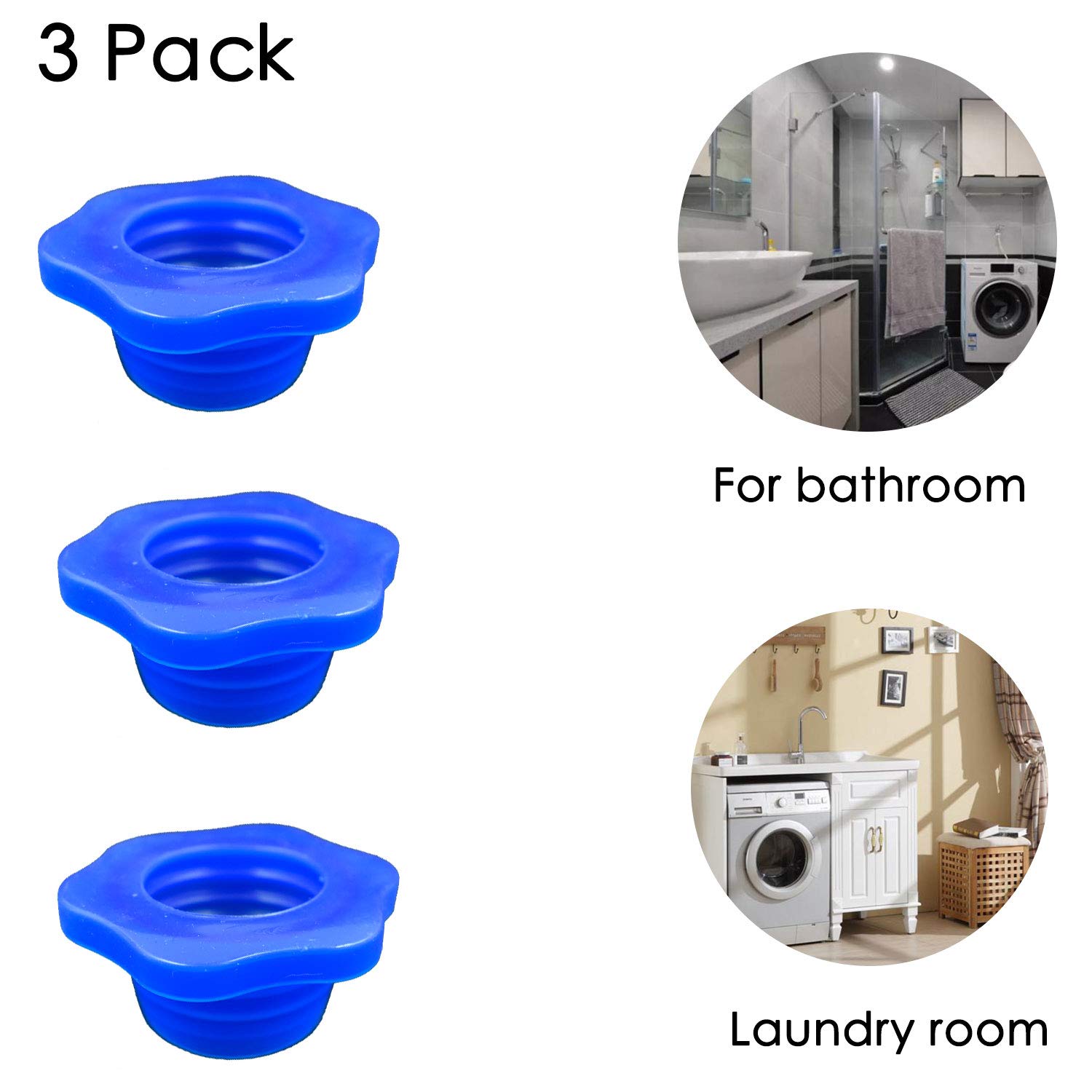 Paquete de 3 tubos de drenaje en forma de flor azul, desodorante, tapón de silicona, anillo de sellado para lavadora, lavandería, baño, bañera (2.36 x 1.50 pulgadas) 3