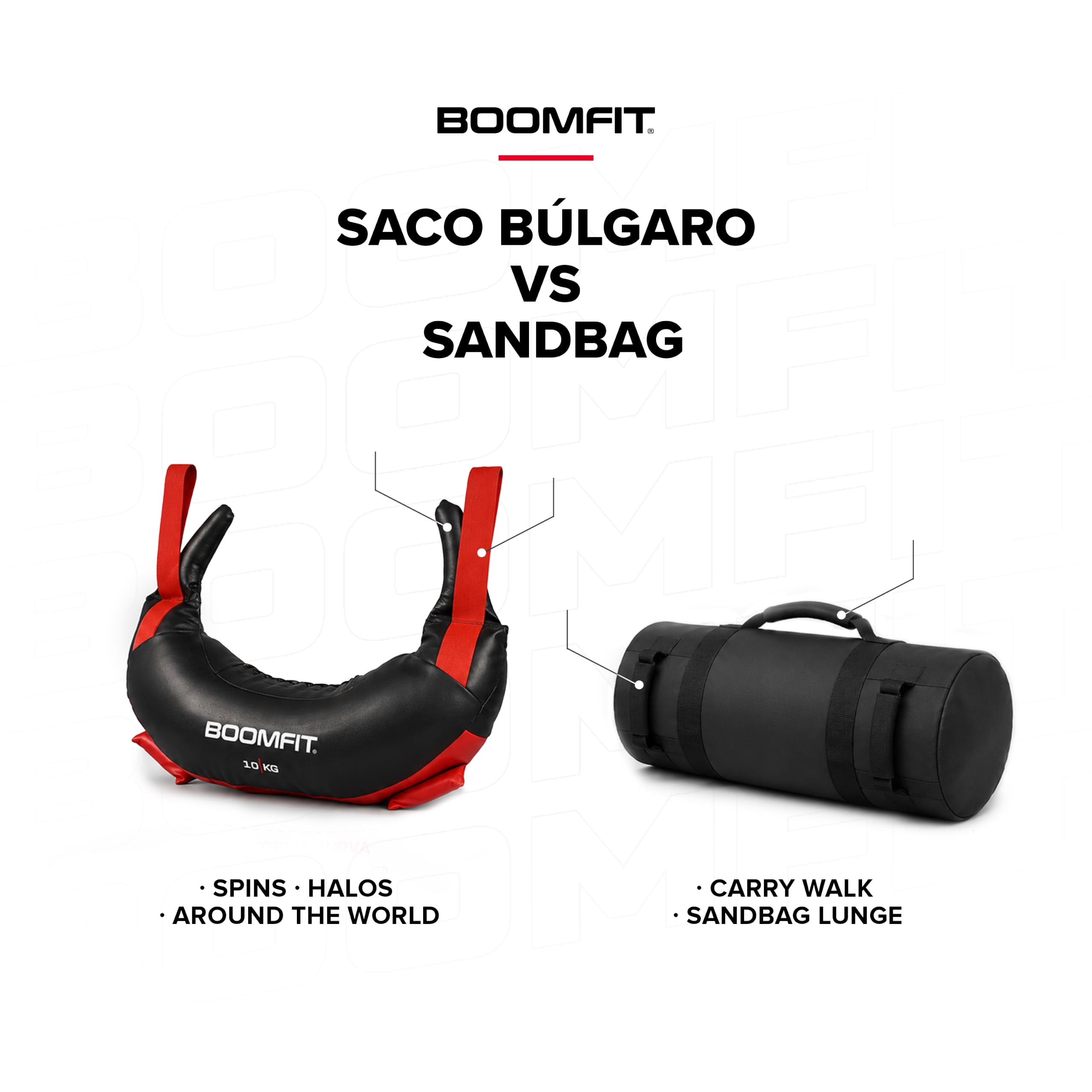 BOOMFIT Saco Búlgaro Bulgarian Bag Forma Herradura 4 Asas Crossfit 5-20 kg | Para Spins, Halos, Around the World, Bear Hug y Snatch rotacional | Trabaja core, hombros, trapecios y agarre con torsión