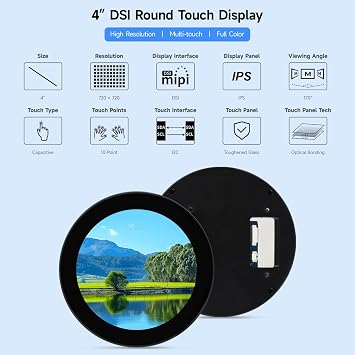 KLAYERS 4-Inch Round DSI Capacitive Touch Display, 720x720 IPS Panel, Up to 10-Point Multi-Touch,Compatible with Raspberry Pi OS