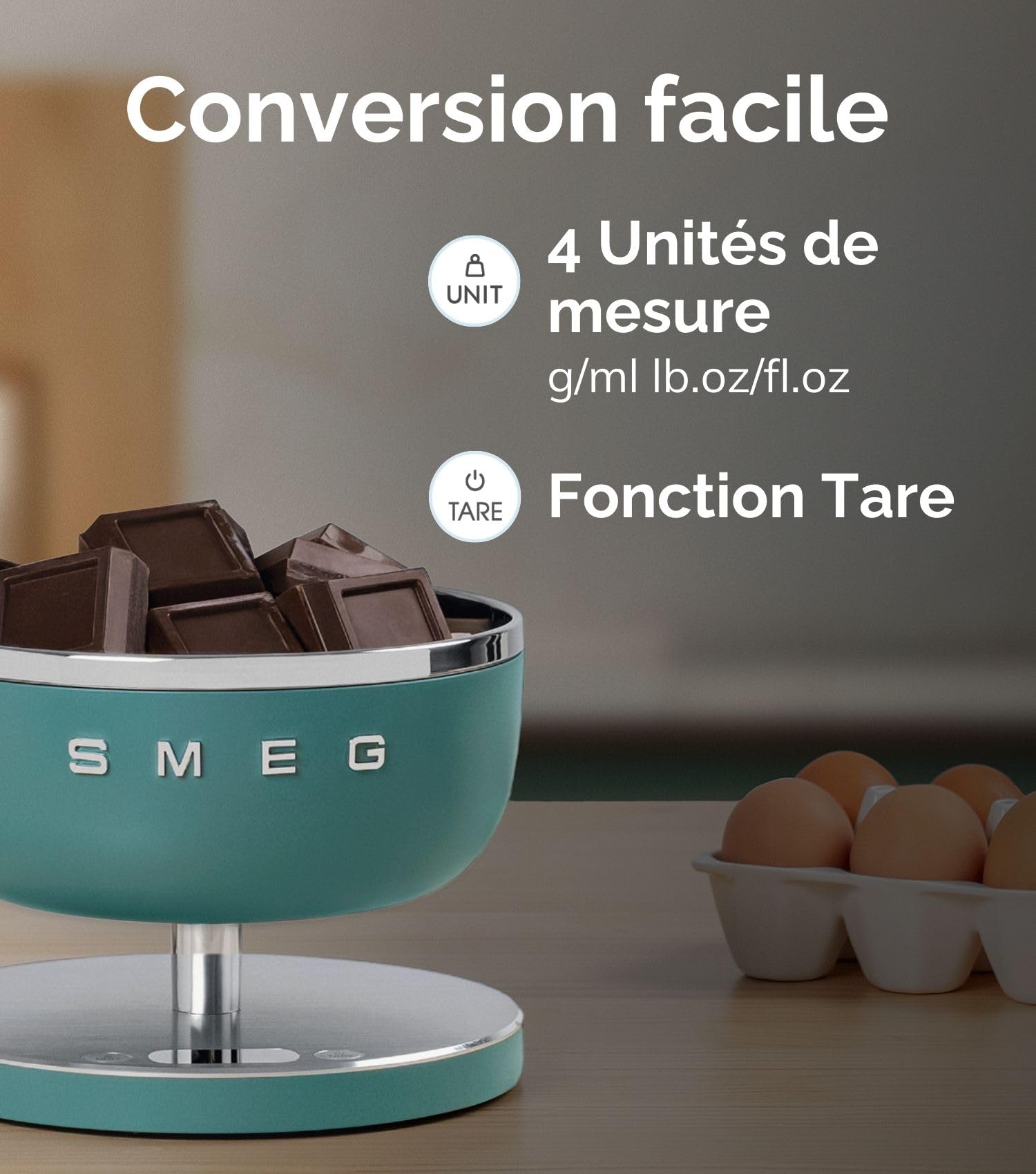 Smeg, Balance de Cuisine KSC01WHMWW, Bol Amovible en Acier Inoxydable, Quatre Unités de Mesure g/ml et lb.oz/fl.oz, avec Fonction de Tare, Capacité Maximale 5 kg, Blanc Mat