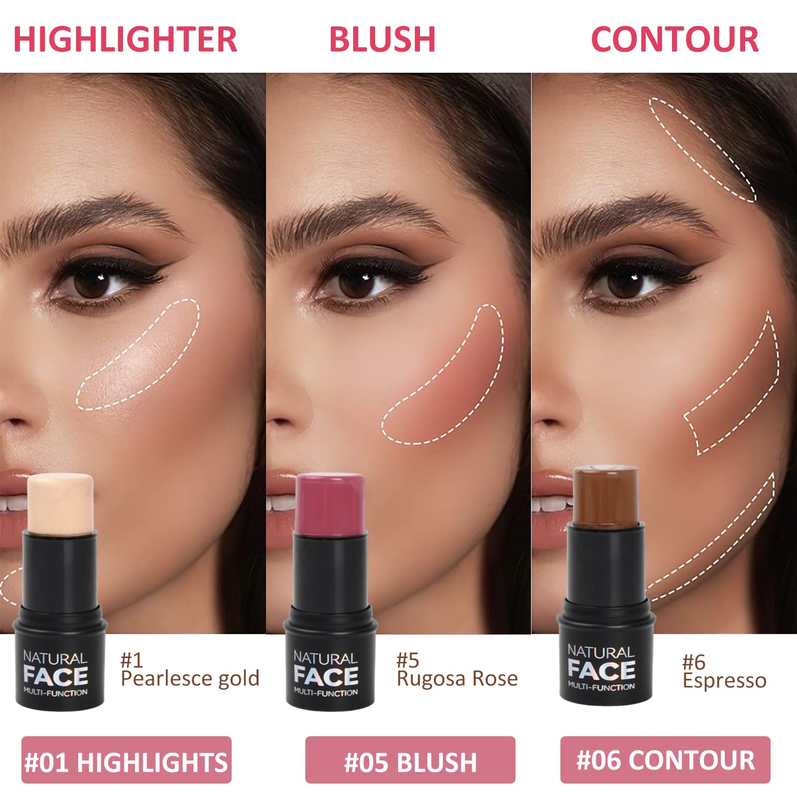 3 Pezzi Contouring Viso Stick, Leggero Contour Highlighter Blush Trucco Versatile Set, Lunga Durata Liscio Crema Stick per Contorno Fard Illuminante, Modella Facilmente il Viso per Guance Occhi