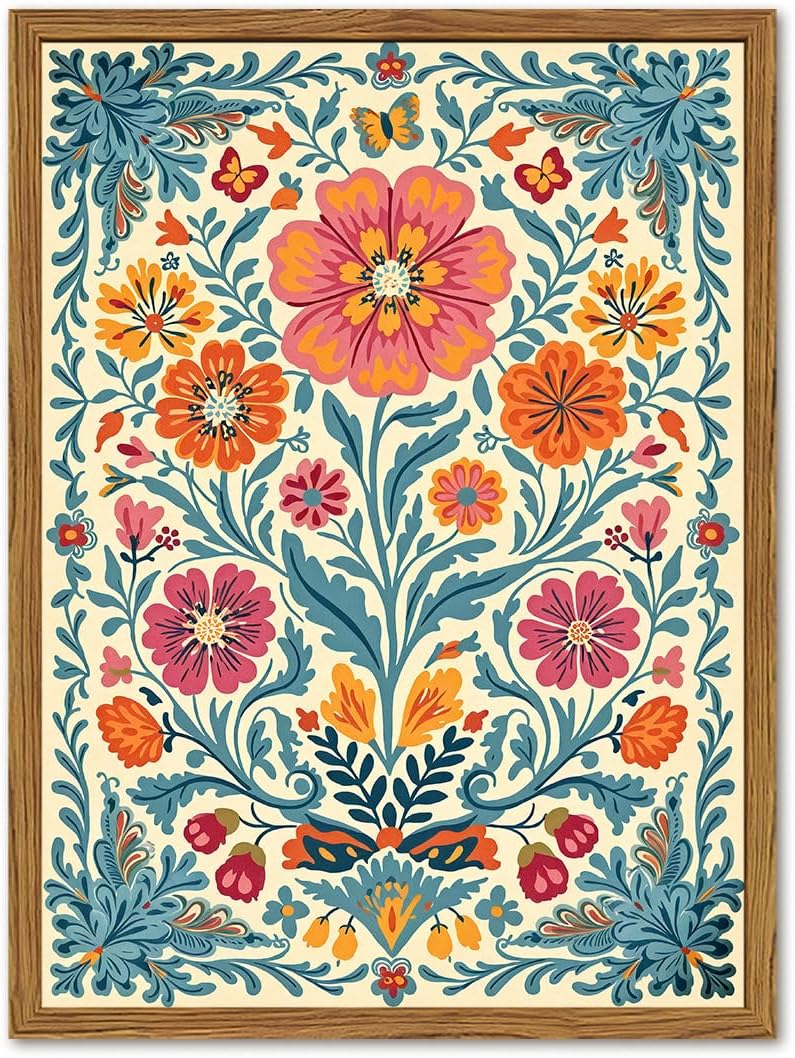Framed Vintage Mexican Floral Canvas Wall Art, Colorful Folk Flower Wall Decor Pictures, Boho Botanical Painting Prints Rustic Home Decor for Living Room Bedroom 12x16 inch