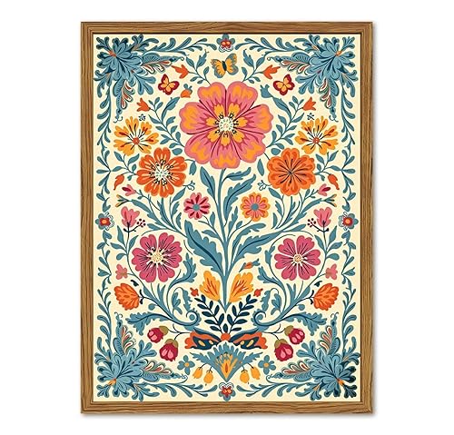 Framed Vintage Mexican Floral Canvas Wall Art, Colorful Folk Flower