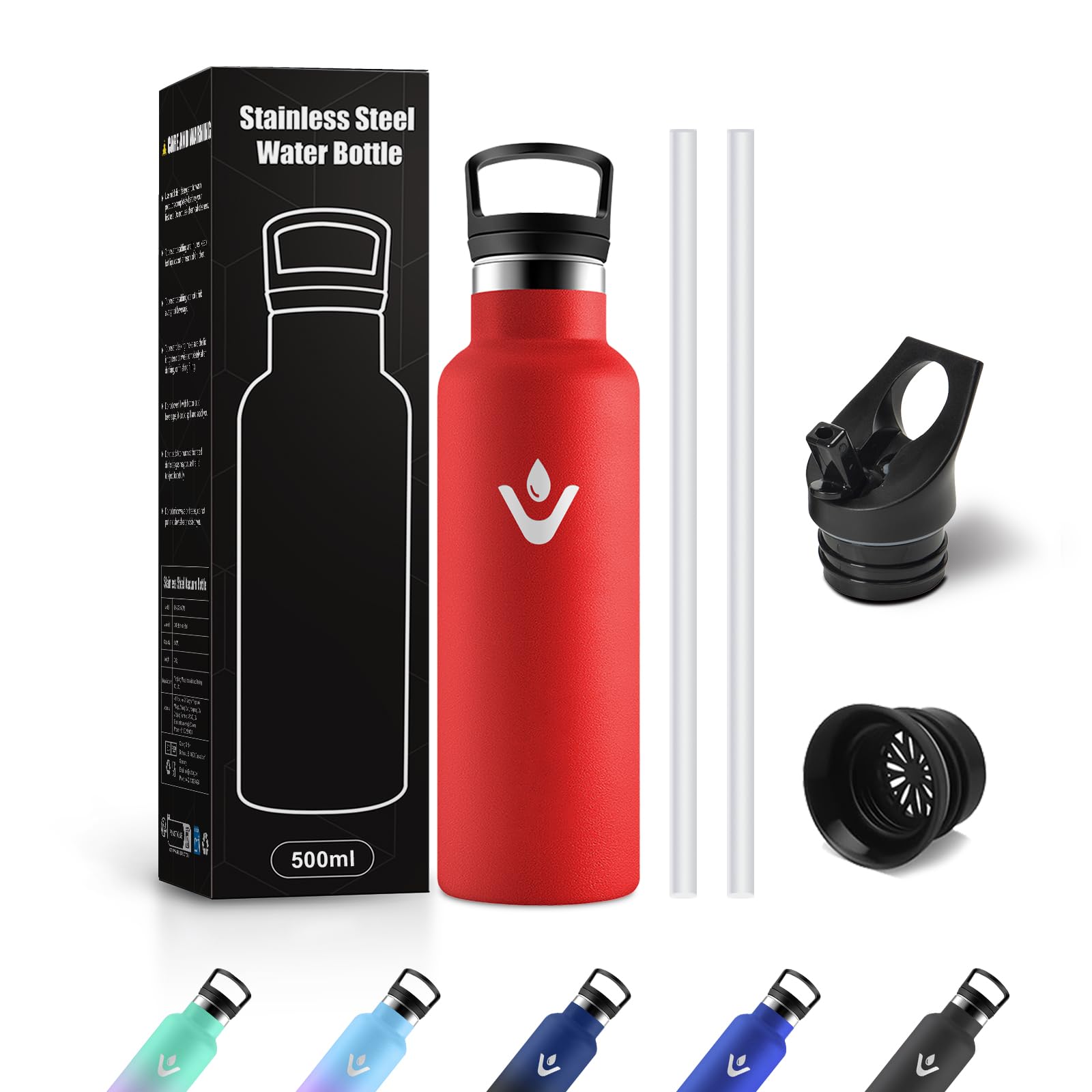 Borraccia Acciaio Inox 500ml, Bottiglia Acqua con Cannuccia, Riutilizzabile, senza BPA, a prova di perdite, Termos per Scuola, Campeggio