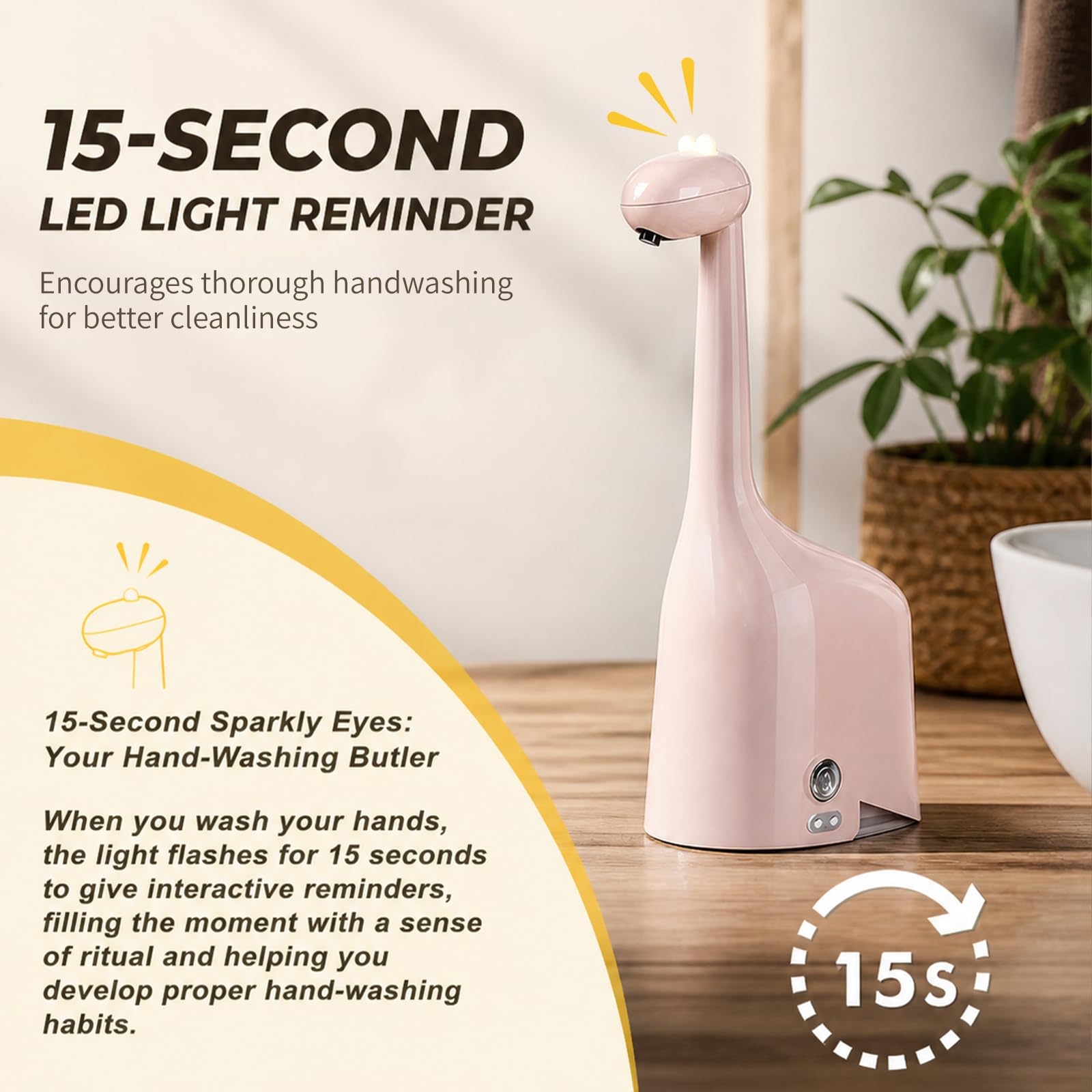 Dispenser automatico di sapone a forma di dinosauro, senza contatto, ricaricabile, 300 ml, schiuma regolabile a 3 livelli, impermeabile IPX5, per bagno, cucina, hotel, ristorante, rosa